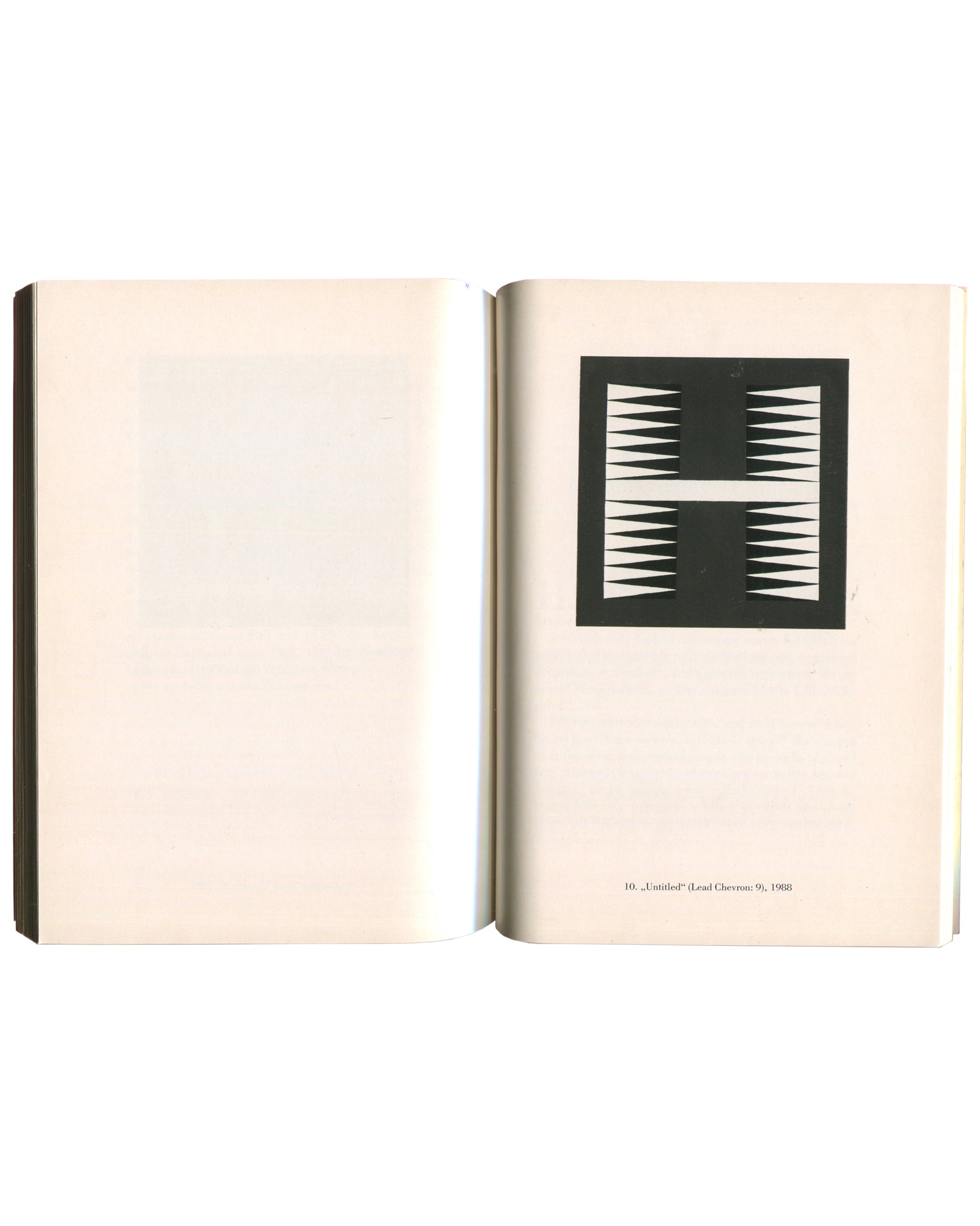 Interior spread from Sherrie Levine, Galerie nächst St. Stephan, Vienna, 1988, left page blank, right page showing a black-and-white reproduction of Untitled (Lead Chevron 9), 1988, depicting a square black ground with two rows of white triangular chevrons pointing inward from left and right, separated by a white horizontal band at centre, captioned "10. „Untitled" (Lead Chevron 9), 1988.