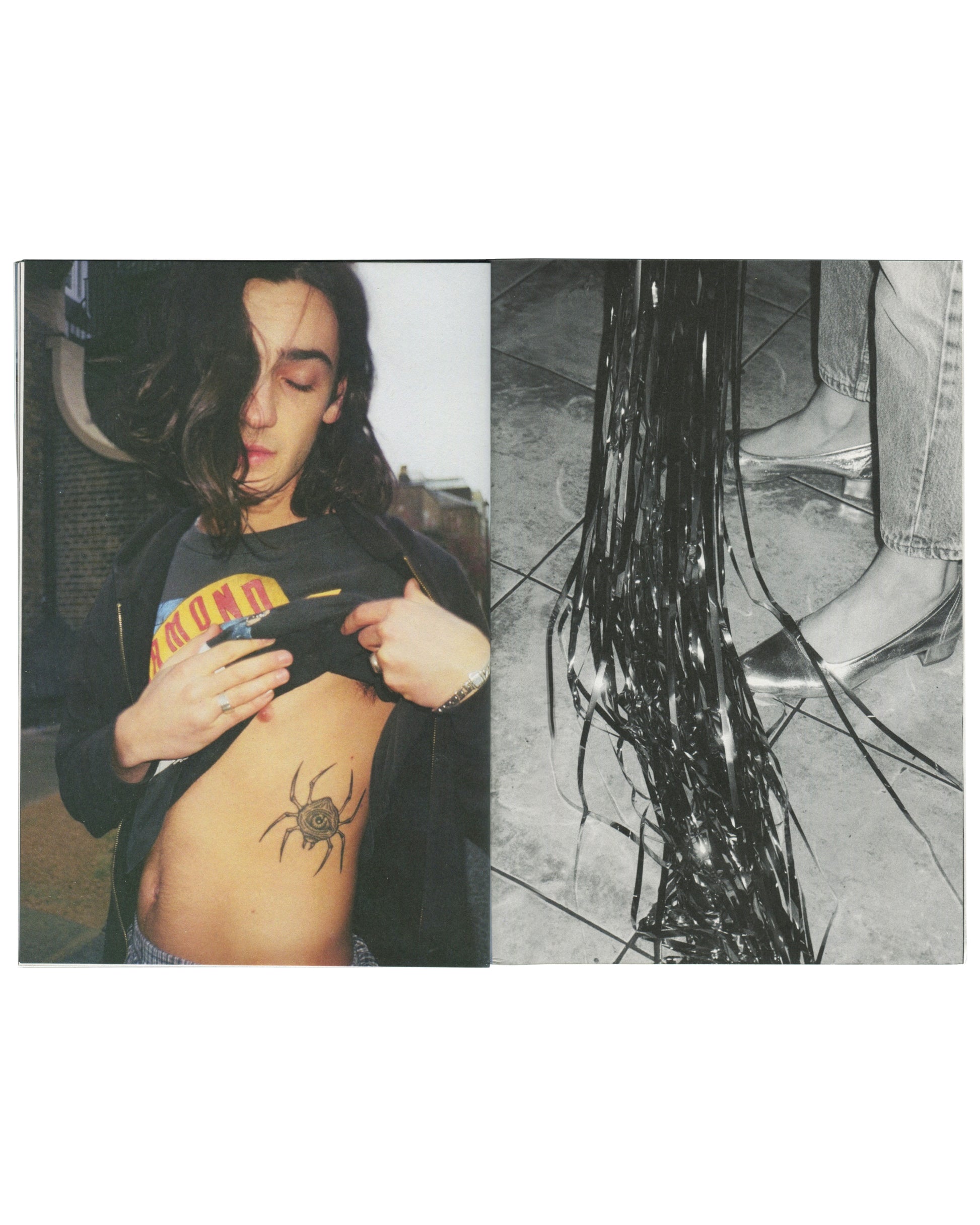  interior spread — left: colour photograph, young person with long dark hair, eyes closed, lifting shirt to reveal spider tattoo on torso; right: black-and-white photograph, metallic tinsel/fringe falling to floor, legs in jeans and heels visible above
