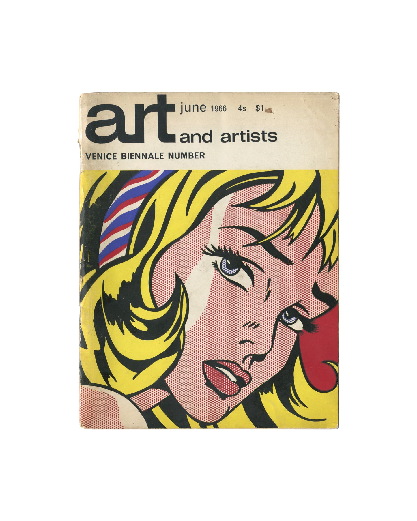 Cover of Art and Artists, Volume One Number Three, June 1966, Venice Biennale Number, showing a close-cropped reproduction of Roy Lichtenstein's comic-book painting of a blonde woman's face with Ben-Day dot shading, red lips, and a striped ribbon in her hair, with the masthead ART and artists in large black sans-serif type at top, and VENICE BIENNALE NUMBER in bold black capitals below, priced 4s $1.