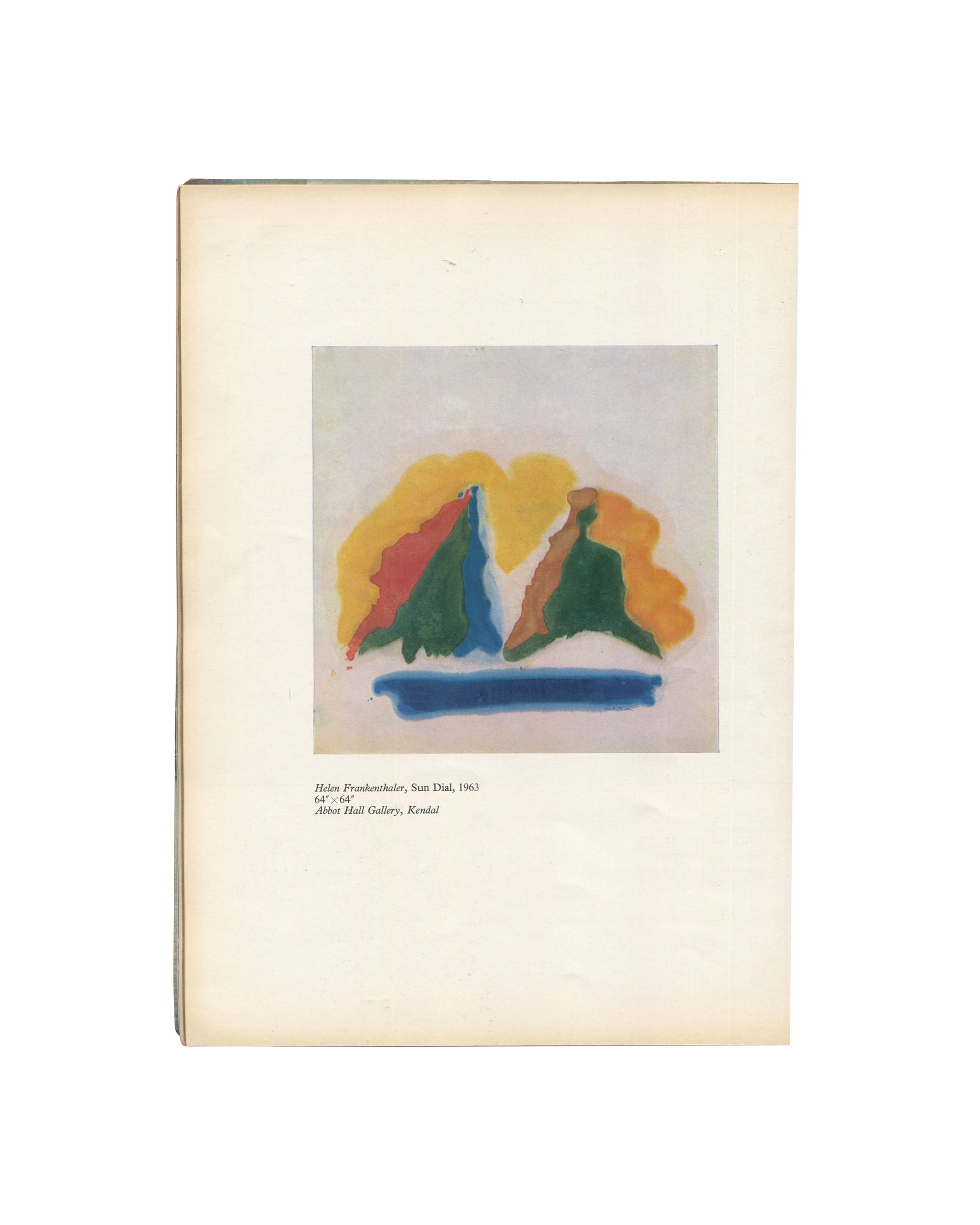 Interior page from Art and Artists, June 1966, showing a colour plate reproduction of Helen Frankenthaler, Sun Dial, 1963, 64 × 64 inches, Abbot Hall Gallery, Kendal, depicting an abstract field painting with yellow, green, red, and blue stained washes on a pale ground, printed on cream paper with caption below.