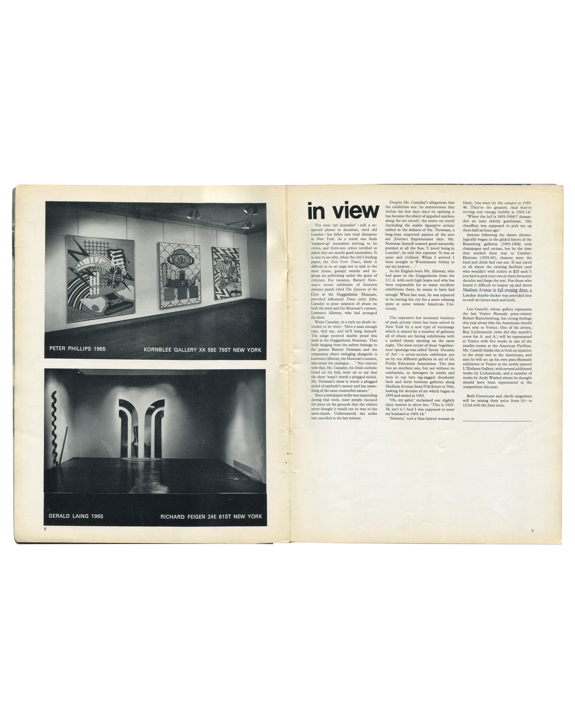 Interior spread from Art and Artists, June 1966, pages 8–9, showing the "In View" column with two black-and-white installation photographs: top image showing Peter Phillips, XX, 1965, at Kornblee Gallery, New York, and bottom image showing Gerald Laing, 1966, at Richard Feigen Gallery, New York, alongside a column of critical text discussing the New York gallery scene and the Venice Biennale.