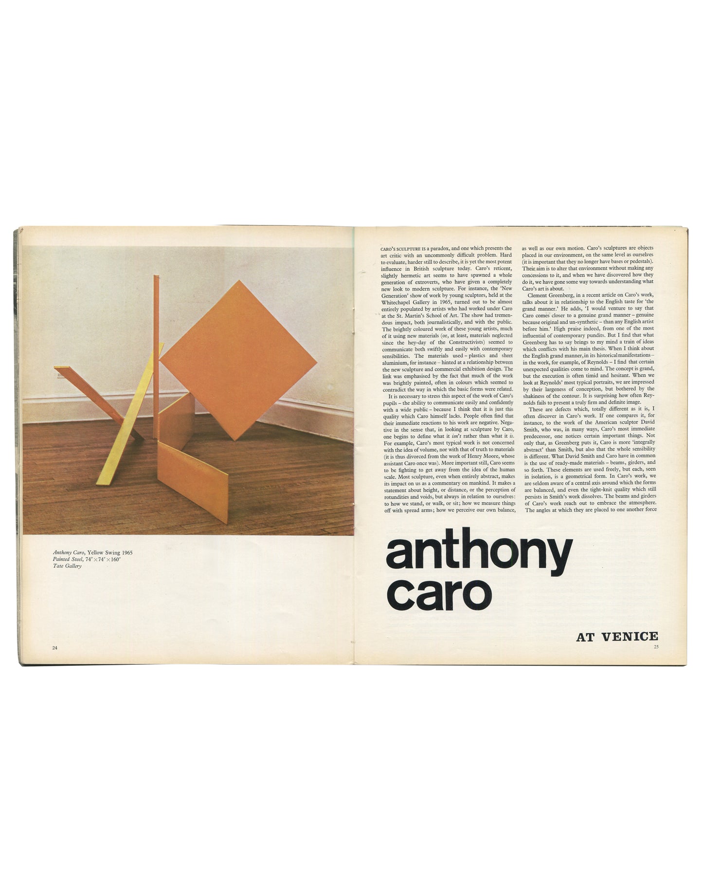 Interior spread from Art and Artists, June 1966, pages 24–25, showing the feature "Anthony Caro at Venice," with a colour reproduction of Yellow Swing, 1965, painted steel, 71 × 74 × 160 inches, Tate Gallery, depicting a large abstract steel sculpture of yellow beams and a diagonal element on a wooden floor, alongside critical text in two columns discussing Caro's relationship to American sculpture and Clement Greenberg.