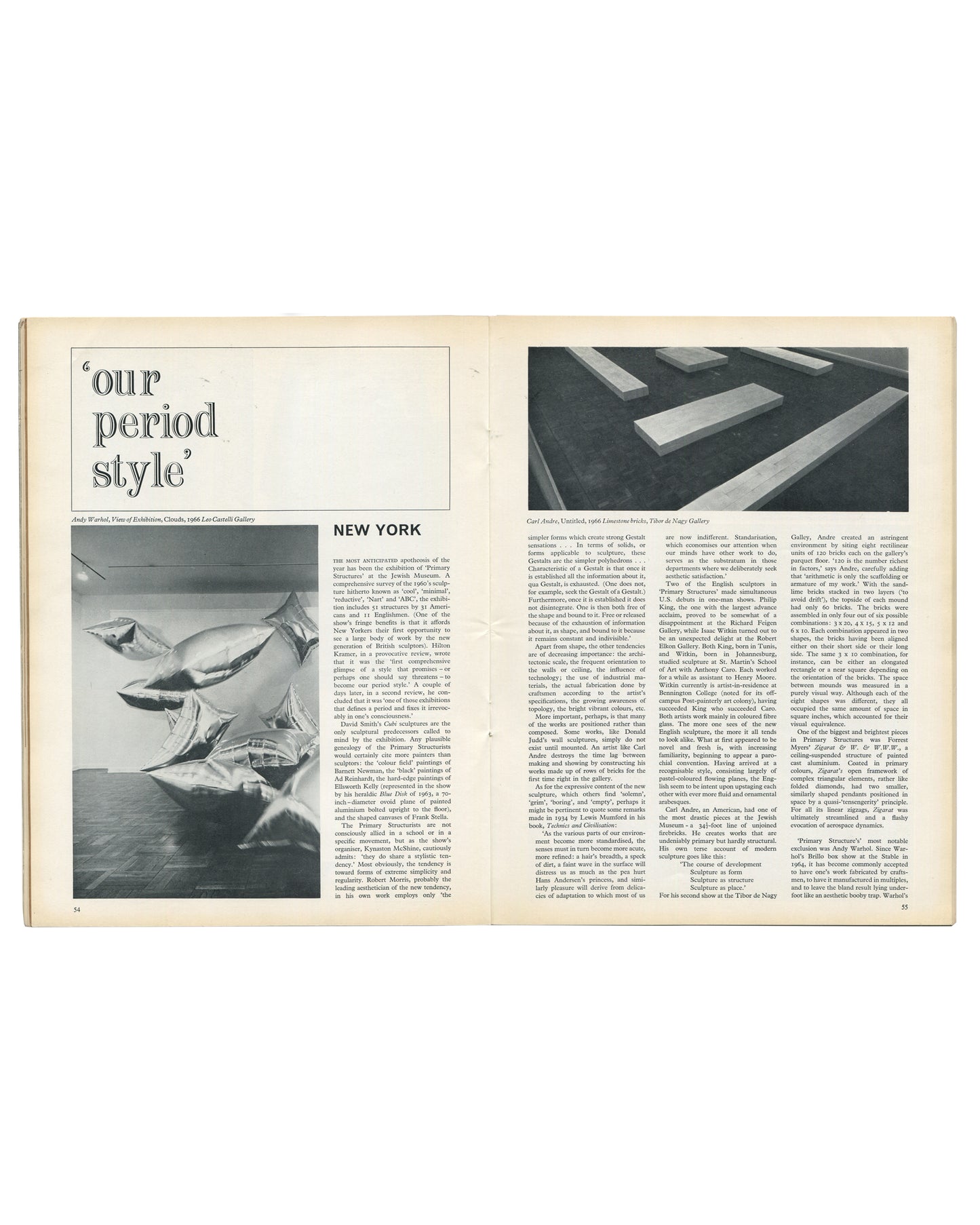 Interior spread from Art and Artists, June 1966, pages 34–35, showing the feature "Our Period Style," with a black-and-white photograph captioned "Andy Warhol, View of Exhibition, Clouds, 1966, Leo Castelli Gallery," showing silver helium-filled pillow balloons floating in a gallery space, alongside a black-and-white photograph of Carl Andre, Untitled, 1966, Limestone bricks, at Tibor de Nagy Gallery, with critical text on Primary Structures and the New York sculpture scene.