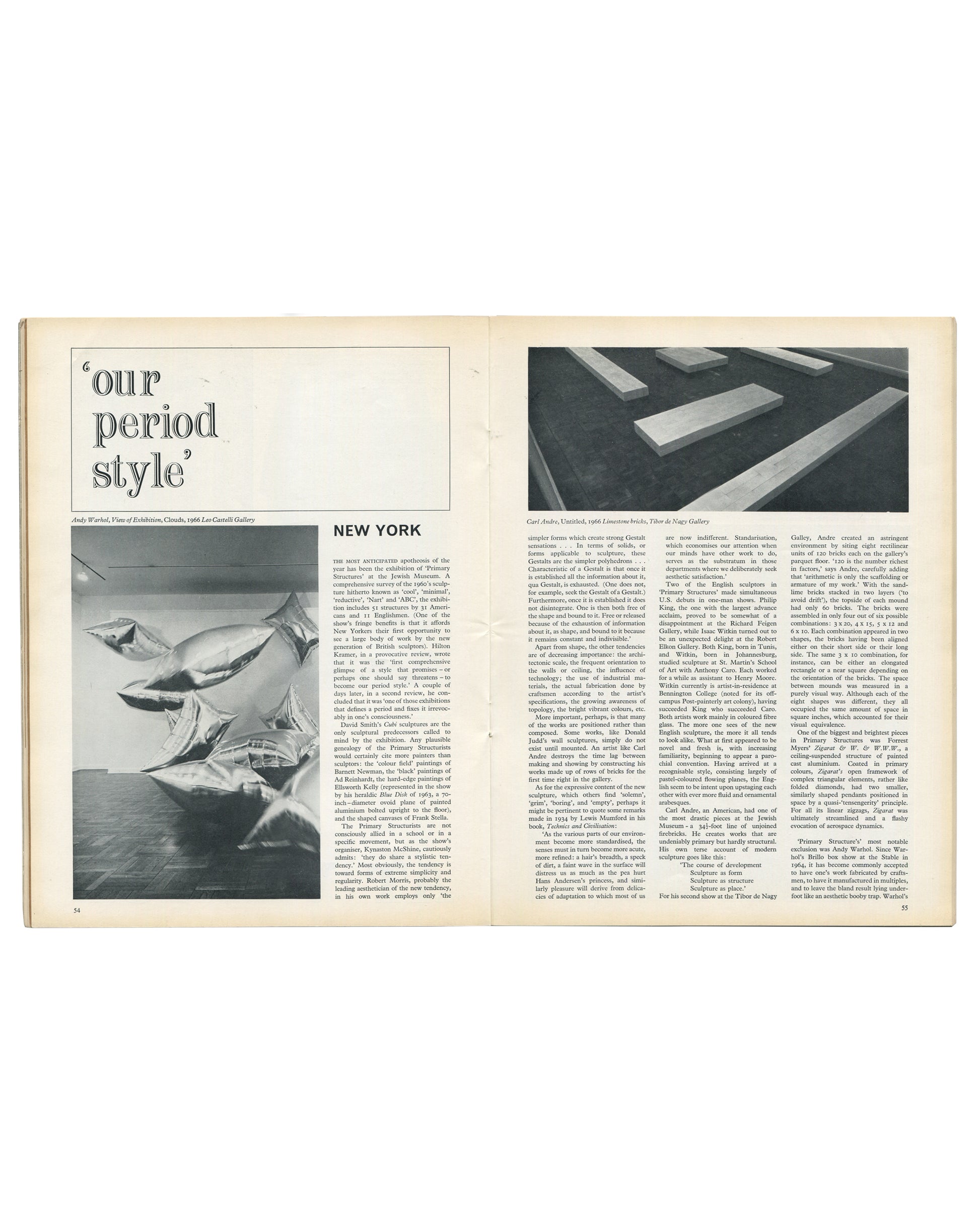 Interior spread from Art and Artists, June 1966, pages 34–35, showing the feature "Our Period Style," with a black-and-white photograph captioned "Andy Warhol, View of Exhibition, Clouds, 1966, Leo Castelli Gallery," showing silver helium-filled pillow balloons floating in a gallery space, alongside a black-and-white photograph of Carl Andre, Untitled, 1966, Limestone bricks, at Tibor de Nagy Gallery, with critical text on Primary Structures and the New York sculpture scene.