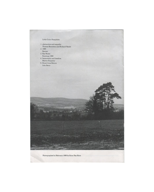  back cover — white ground, black-and-white landscape photograph, open field, distant trees and hills; upper left: list of Little Critic Pamphlets 1–5 in small serif type; lower strip: "Photographed in February 1989 by Erica Van Horn"