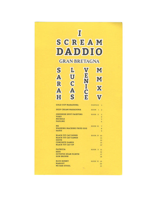 r Original 2015 Sarah Lucas exhibition guide for I SCREAM DADDIO, British Pavilion, 56th Venice Biennale, front cover, showing a bright yellow folded card with SARAH LUCAS / BRITISH PAVILION in large bold dark navy serif capitals at the top, below which a white floor plan diagram of the British Pavilion with numbered work positions 1–21 across six rooms and the Portico, and below that TEXT & ARTWORKS: SARAH LUCAS / Translation: Elisabetta Rabajoli / Photographs & Design: Julian Simmons / 56TH INTERNATIONAL 