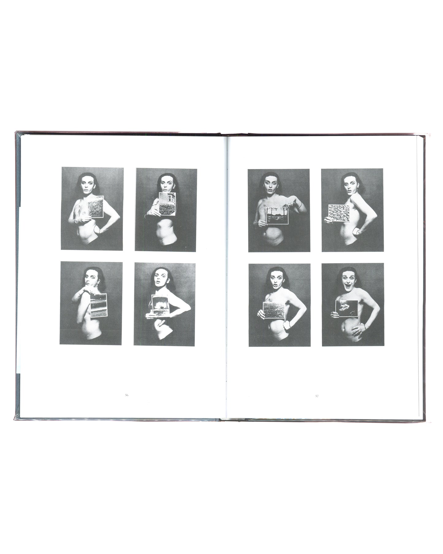 Urs Lüthi, interior spread, eight black-and-white self-portrait photographs, artist holding paintings, grid format 