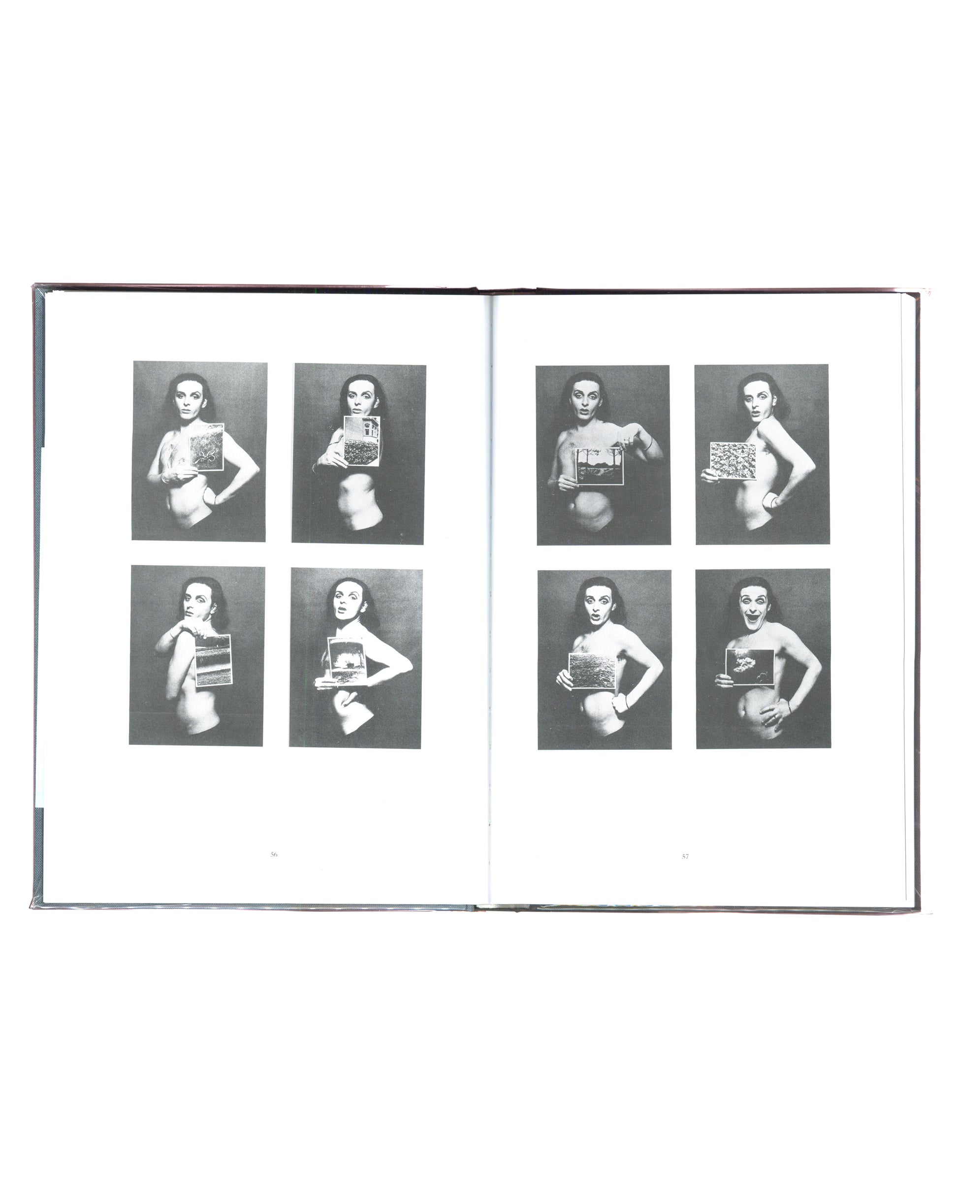 Urs Lüthi, interior spread, eight black-and-white self-portrait photographs, artist holding paintings, grid format 