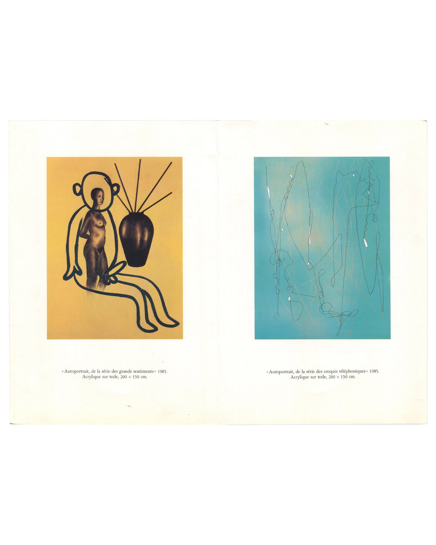 Interior spread of 1985 Urs Lüthi Autoportraits invitation, Galerie Stadler, Paris, showing two colour reproductions: left, Autoportrait, de la série des grands sentiments, 1985, acrylic on canvas, nude figure on yellow-ochre ground with overlaid black outline drawing; right, Autoportrait, de la série des croquis téléphoniques, 1985, acrylic on canvas, turquoise ground with loose silver-grey gestural line drawing.