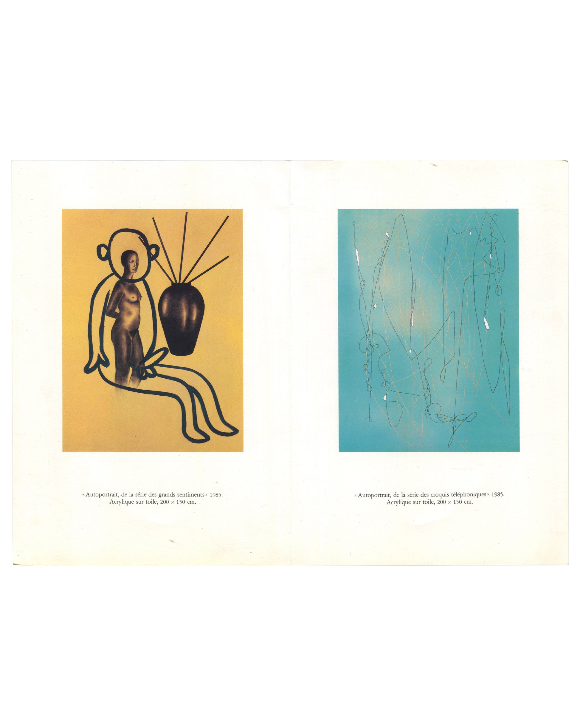 Interior spread of 1985 Urs Lüthi Autoportraits invitation, Galerie Stadler, Paris, showing two colour reproductions: left, Autoportrait, de la série des grands sentiments, 1985, acrylic on canvas, nude figure on yellow-ochre ground with overlaid black outline drawing; right, Autoportrait, de la série des croquis téléphoniques, 1985, acrylic on canvas, turquoise ground with loose silver-grey gestural line drawing.