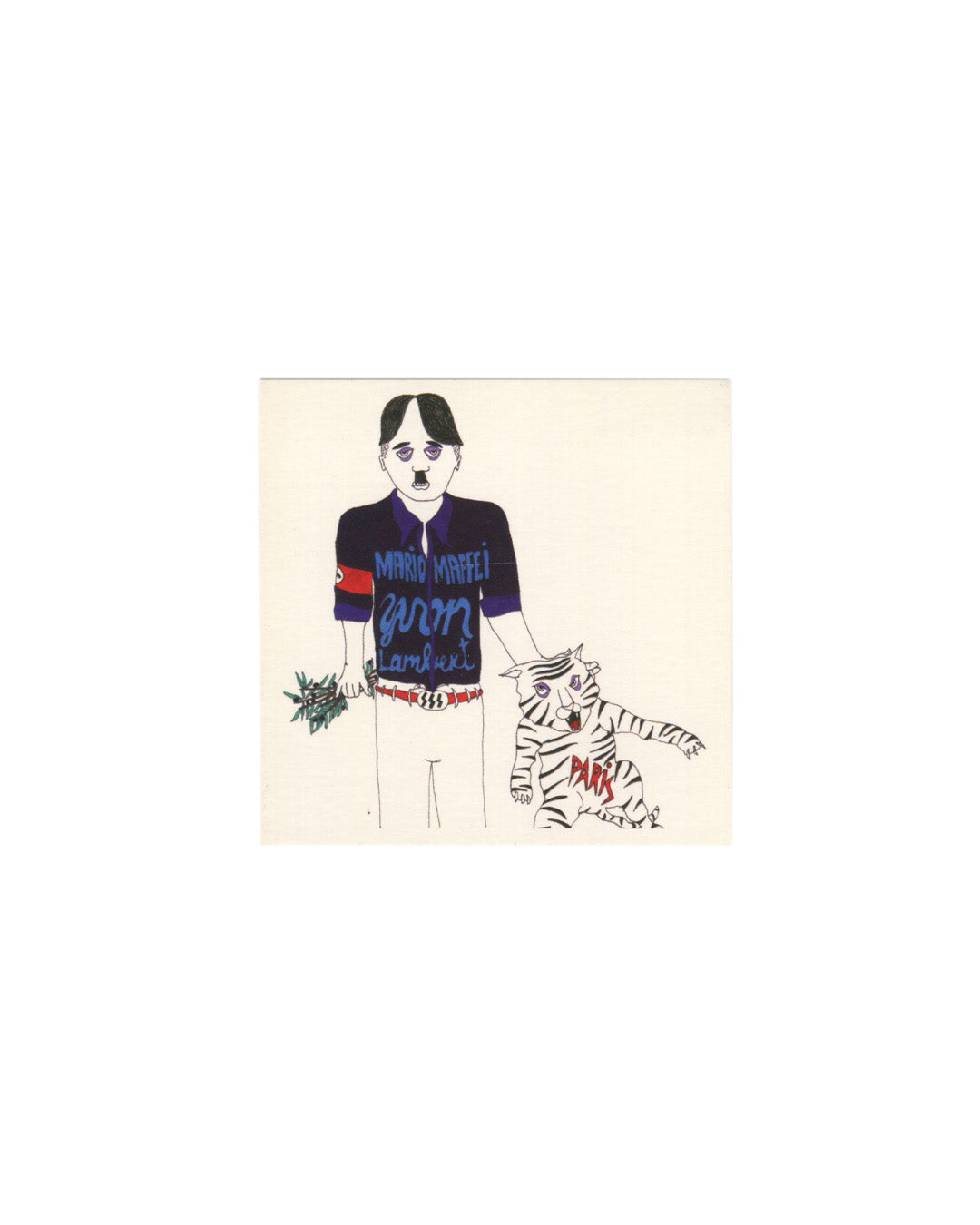 Original 2005 Mario Maffei exhibition invitation card, Yvon Lambert Paris Project Room, recto showing a hand-drawn figurative illustration on cream ground: a standing figure with dark hair and moustache wearing a navy cycling jersey inscribed with 'MARIO MAFFEI / yvon / lambert' in handwritten lettering and a red armband, holding a small bunch of leaves in one hand and leading a white tiger with 'PARIS' written in red on its side, rendered in a deliberately naive, comic-strip style.