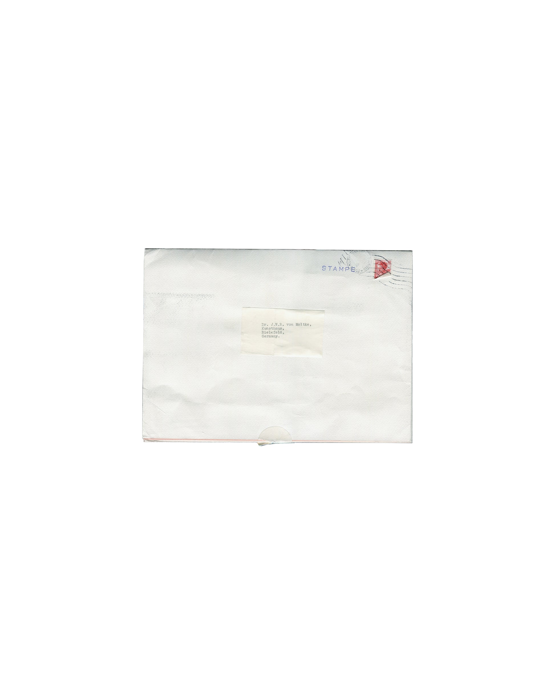 Mailing side of René Magritte, The 8 Sculptures of Magritte, Hanover Gallery London W1, June – August 1968 exhibition poster. Offset lithograph on thin paper stock, folded into eight equal sections for postal distribution. Address label affixed to one folded section, typed recipient: Joachim Wolfgang Graf von Moltke, Bielefeld, Germany — founding director of Kunsthalle Bielefeld. Upper right: red postage stamp with machine postmark cancellation. Fold lines, age toning, and light handling marks throughout.

