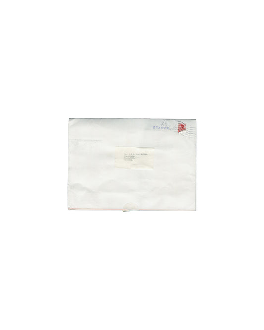 Mailing side of René Magritte, The 8 Sculptures of Magritte, Hanover Gallery London W1, June – August 1968 exhibition poster. Offset lithograph on thin paper stock, folded into eight equal sections for postal distribution. Address label affixed to one folded section, typed recipient: Joachim Wolfgang Graf von Moltke, Bielefeld, Germany — founding director of Kunsthalle Bielefeld. Upper right: red postage stamp with machine postmark cancellation. Fold lines, age toning, and light handling marks throughout.

