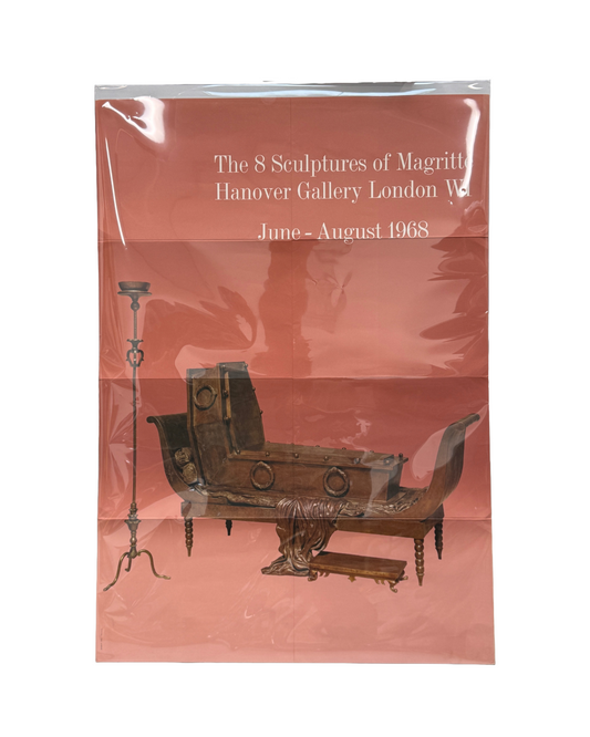 Original 1968 René Magritte The 8 Sculptures of Magritte Hanover Gallery London exhibition poster, offset print on thin stock in terracotta-rose ground, shown in original protective plastic sleeve with visible fold lines; white italic serif text at upper centre reading 'The 8 Sculptures of Magritte / Hanover Gallery London W1 / June – August 1968'; lower two-thirds showing a colour photograph of two Magritte sculptures against the rose ground: at left, a tall ornate wrought-iron floor candlestick with tripo