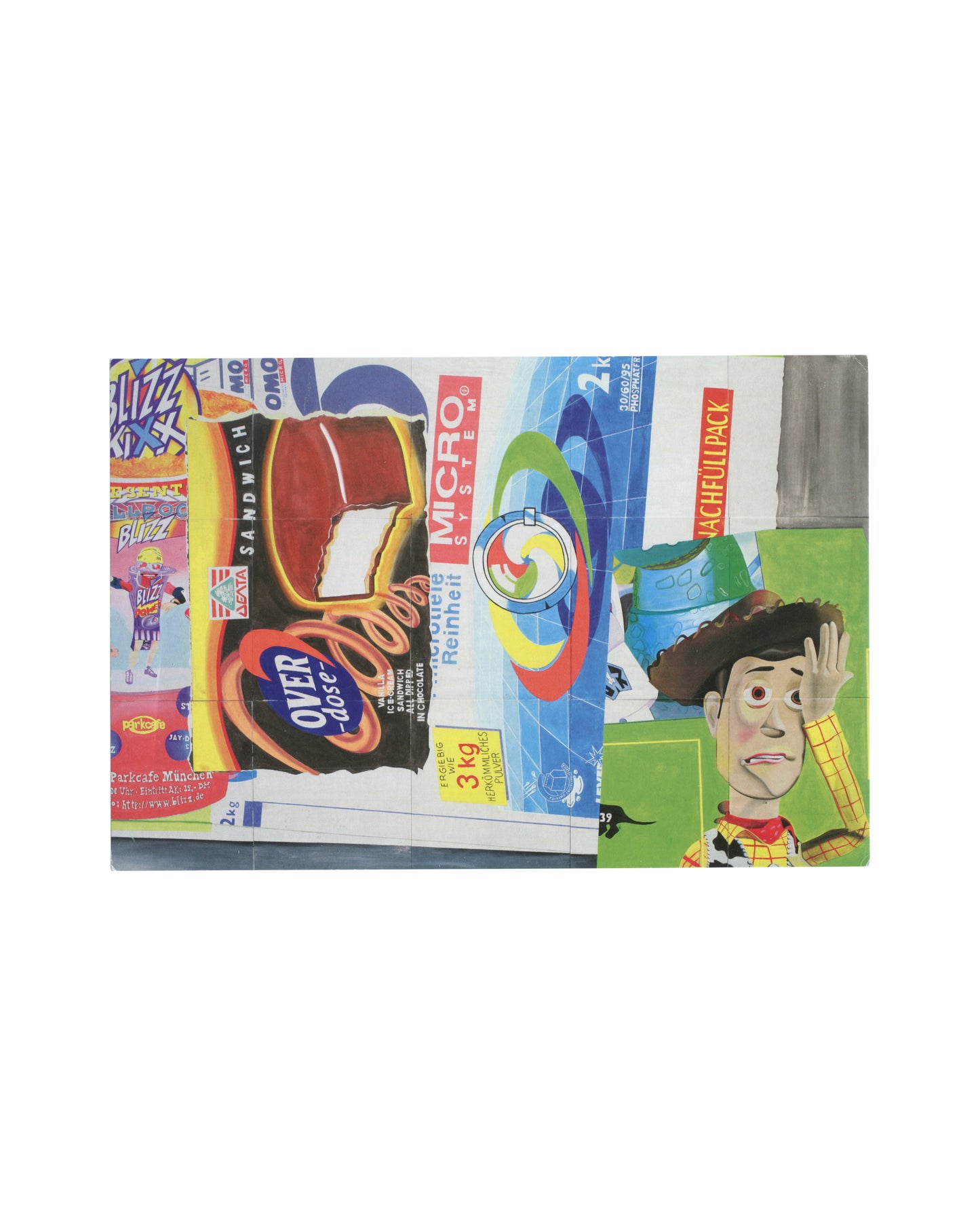 Recto Michel Majerus, overdose, 1997. Matthew Marks Gallery, Los Angeles, 2015. Invitation recto: detail from a monumental 15-panel acrylic painting — dense collage of commercial imagery including a chocolate sandwich ice cream wrapper with 'Over-dose' branding, Woody from Toy Story lower right, a Micro Systems logo, detergent packaging, a club flyer reading 'BLIZZ', and a Parkcafé München advertisement; vivid colour, flat graphic style, imagery layered edge to edge.
