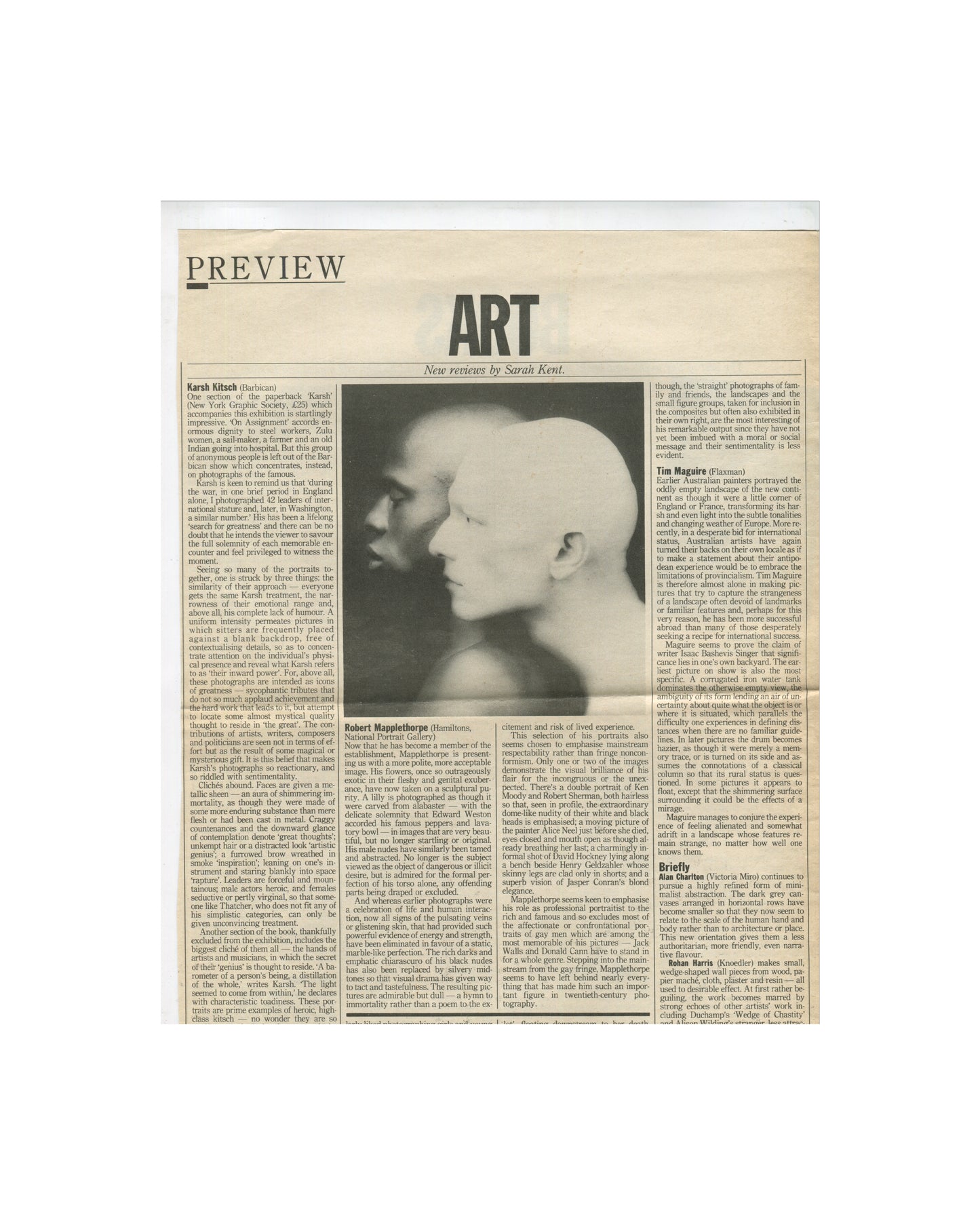 Robert Mapplethorpe — Fotografie, 1983. Retained press clipping: 'Preview: Art — New reviews by Sarah Kent'. Includes review of Robert Mapplethorpe at Hamiltons Gallery, New York. Large black-and-white close-up portrait of a bald man in profile against a dark background — Mapplethorpe photograph. Extended critical text discussing Mapplethorpe's portraiture, classical form, homoerotic content, and reception in England and America.