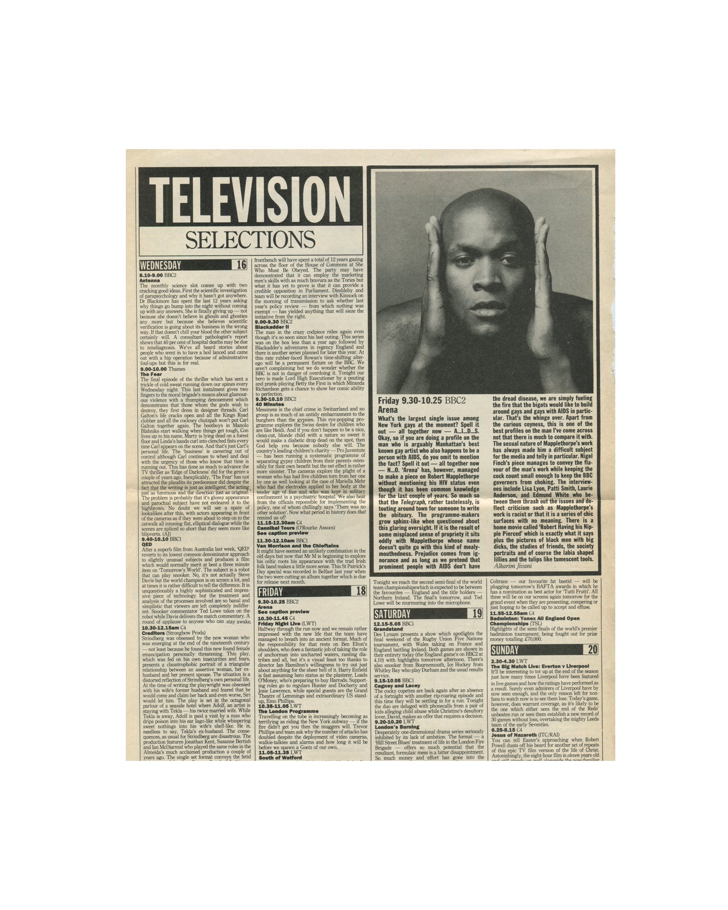 Robert Mapplethorpe — Fotografie, 1983. Retained press clipping: 'Television Selections', Wednesday 16 – Sunday 20. Includes Friday 9.30–10.25 BBC2 Arena feature on Robert Mapplethorpe. Text discusses Mapplethorpe's work, AIDS, and his public profile. Annotated television listings page
