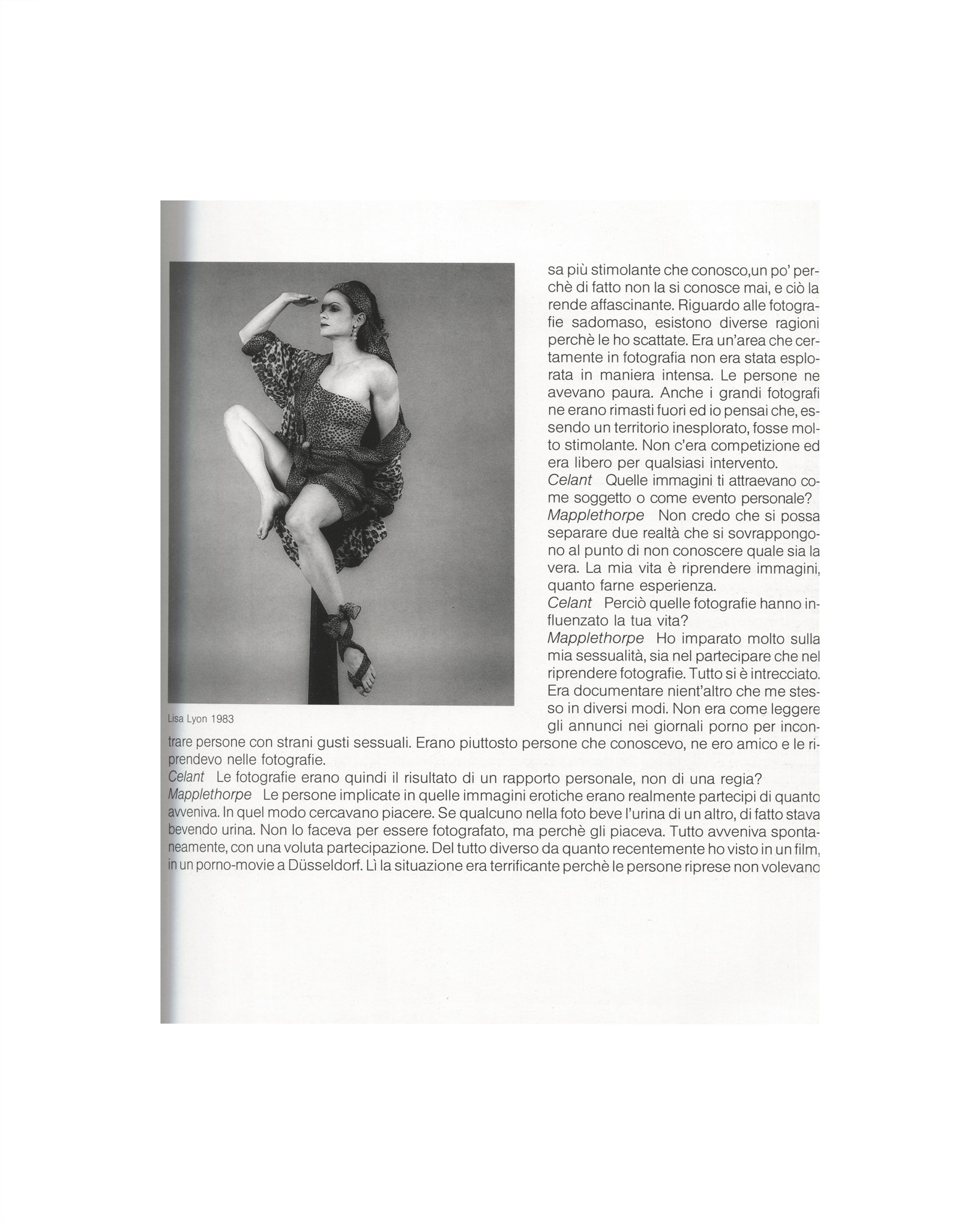 Robert Mapplethorpe — Fotografie, Idea Books Edizioni, Milan, 1983. Interior spread: interview page with Germano Celant. Left: black-and-white plate, Lisa Lyon, 1983 — woman in leopard-print bodysuit and high heels, one leg raised, shielding her eyes with one hand, dynamic pose against a white ground. Right: Italian-language interview text, Celant and Mapplethorpe in dialogue on sadomasochism, sexuality, and photography as personal experience. Photography monograph, The New Rare.
