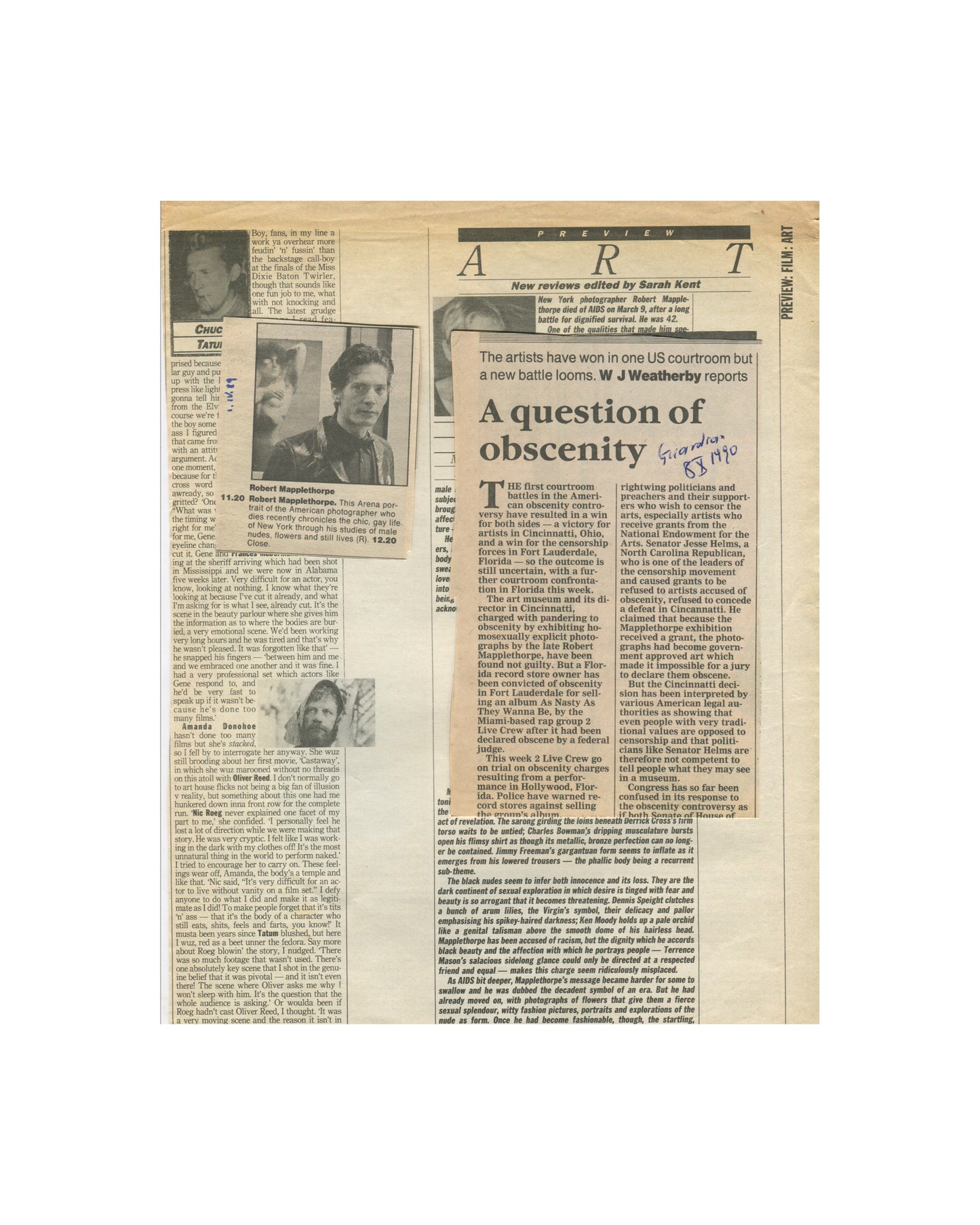 Robert Mapplethorpe — Fotografie, 1983. Retained press clipping: 'A question of obscenity' by W.J. Weatherby, Guardian, 8 October 1990. Report on US courtroom battles over Mapplethorpe's work and obscenity charges in Cincinnati and Fort Lauderdale. Annotated in ink: 'Guardian 8 X 1990'. Censorship, NEA, obscenity.