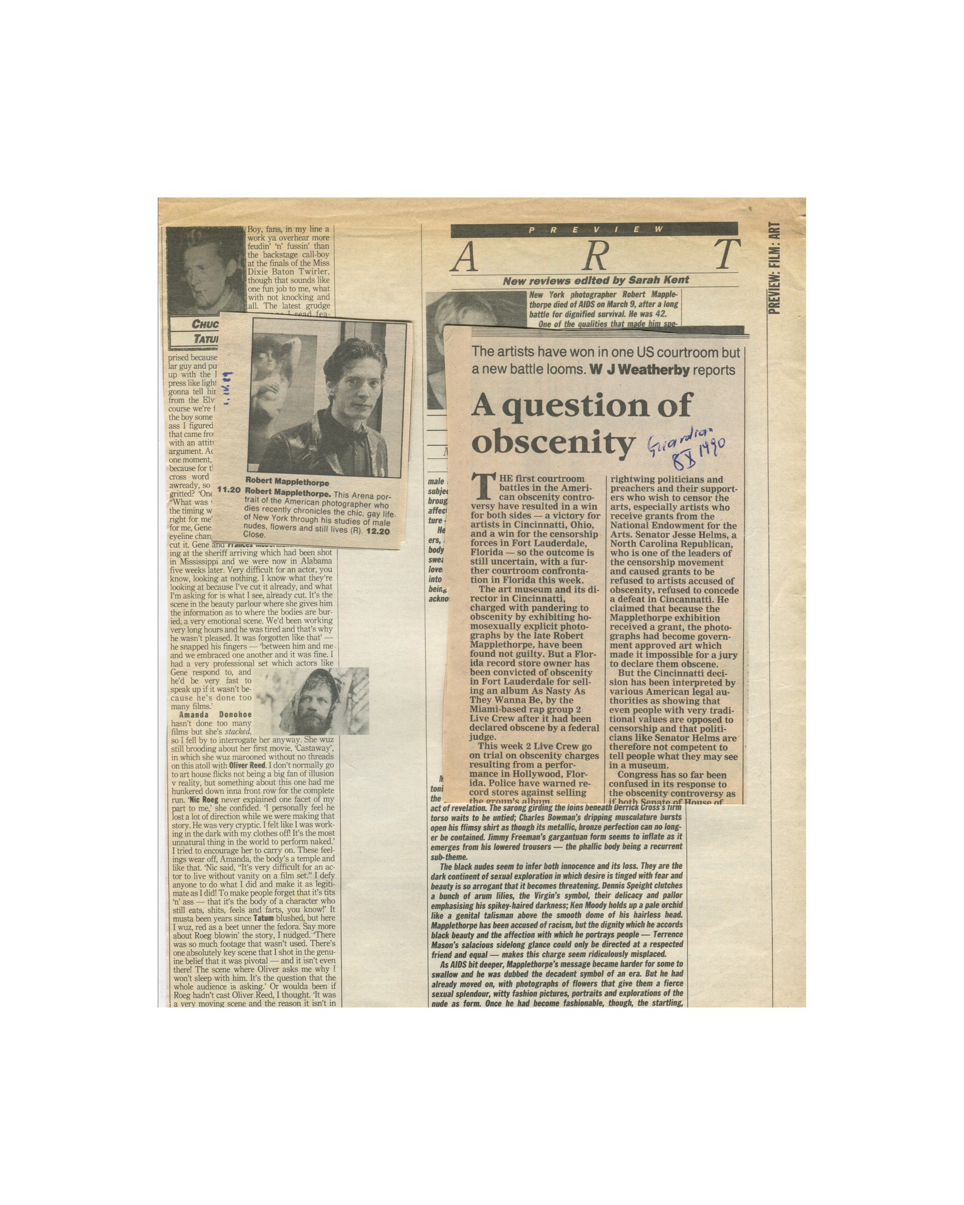 Robert Mapplethorpe — Fotografie, 1983. Retained press clipping: 'A question of obscenity' by W.J. Weatherby, Guardian, 8 October 1990. Report on US courtroom battles over Mapplethorpe's work and obscenity charges in Cincinnati and Fort Lauderdale. Annotated in ink: 'Guardian 8 X 1990'. Censorship, NEA, obscenity.