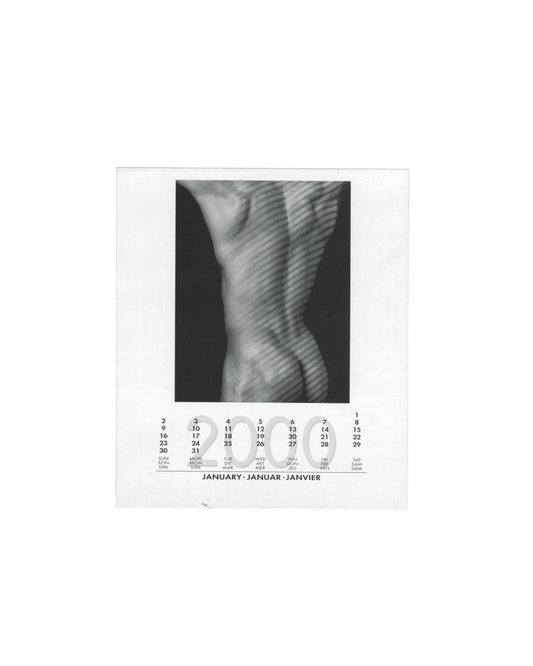 January 2000 card from Robert Mapplethorpe, 2000 Calendar, teNeues, 1999, showing a black-and-white close-up photograph of a male torso from behind, the back and buttocks lit with diagonal striped shadow creating a graphic pattern across the musculature, with the January 2000 calendar grid printed below in English, German, and French.