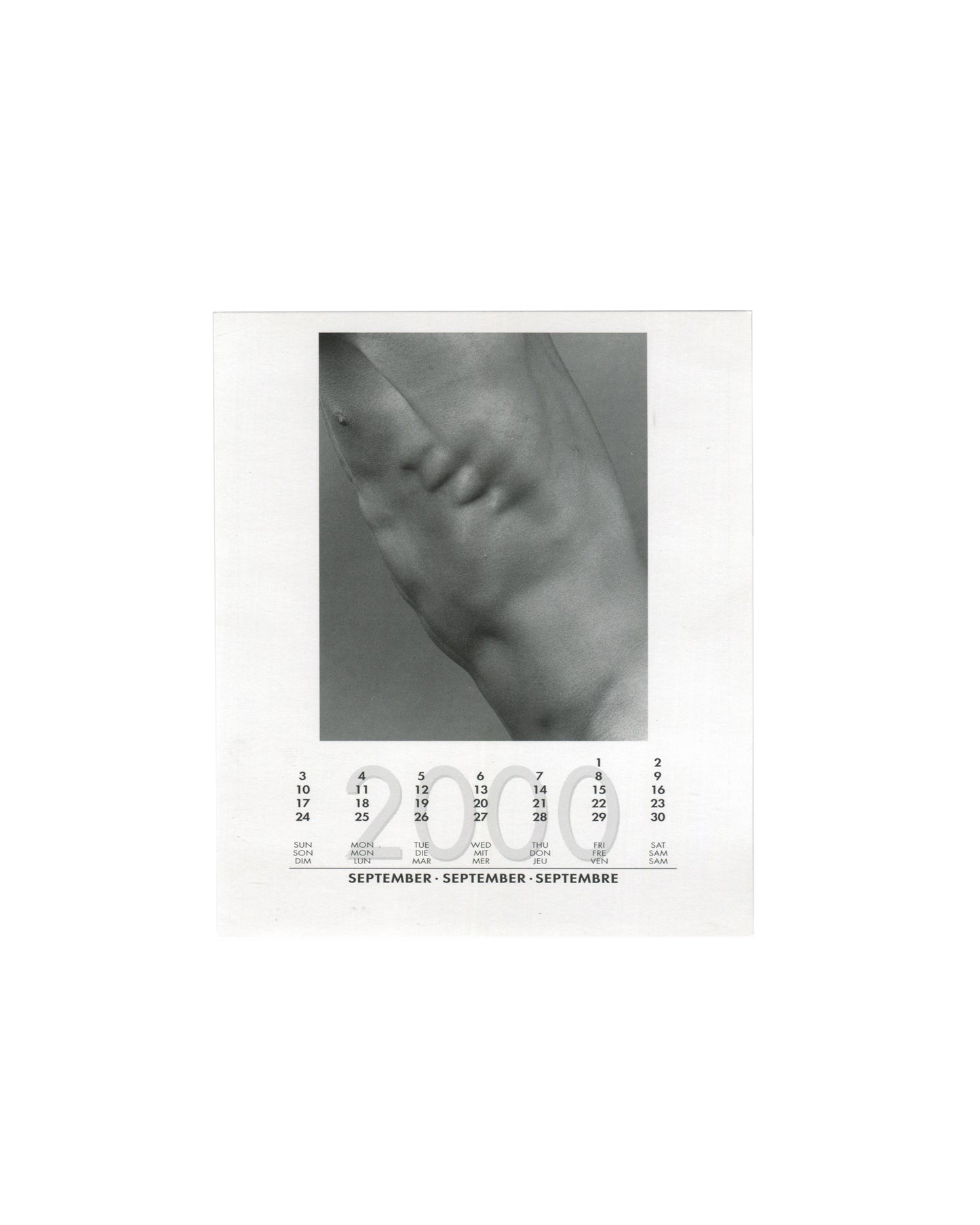 September 2000 card from Robert Mapplethorpe, 2000 Calendar, teNeues, 1999, showing a black-and-white extreme close-up photograph of a human foot and toes, the image cropped tightly so that the toes fill the upper portion of the frame against a dark background, with the September 2000 calendar grid printed below in English, German, and French.