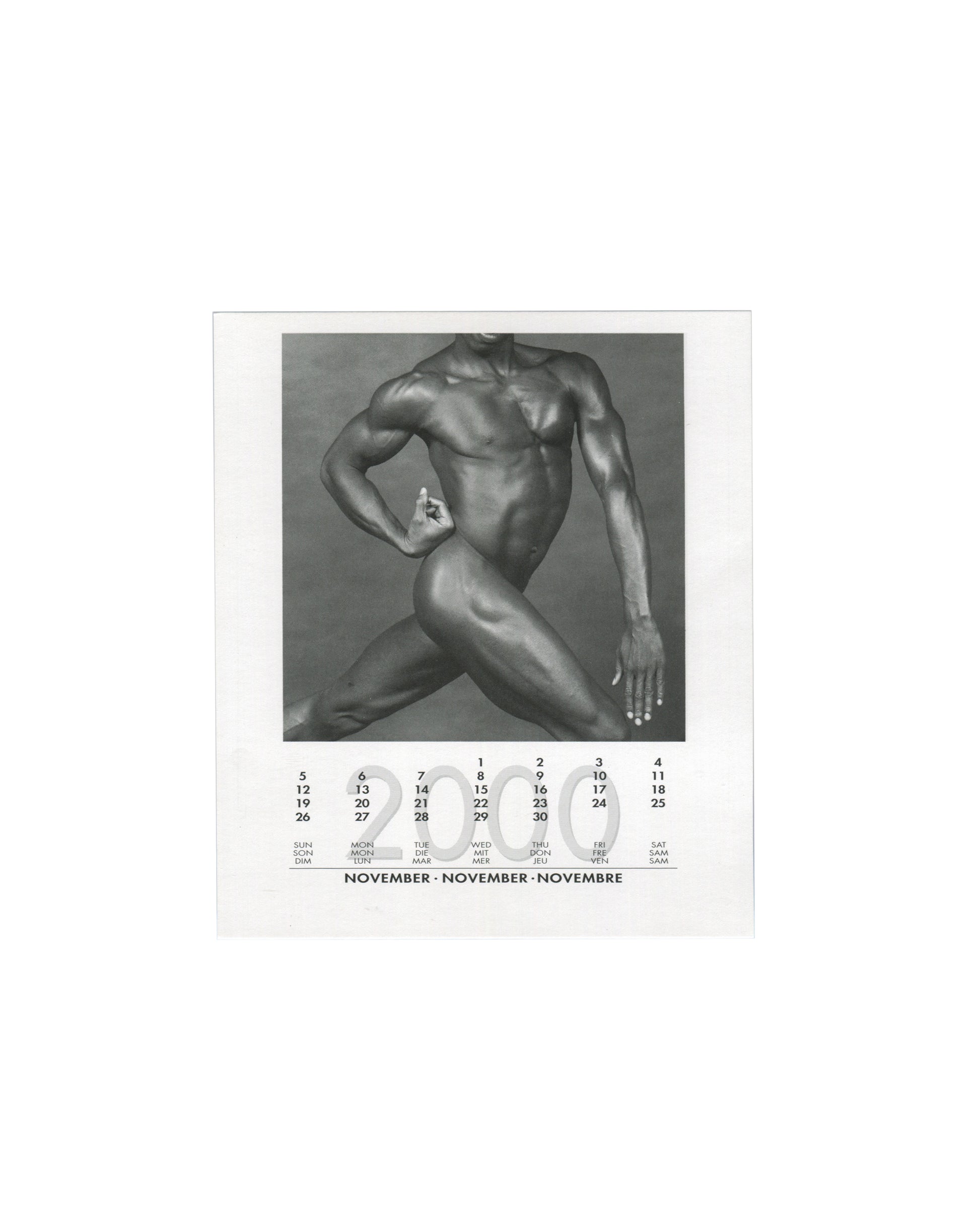 November 2000 card from Robert Mapplethorpe, 2000 Calendar, teNeues, 1999, showing a black-and-white photograph of a nude Black male figure in a dynamic crouching pose, one arm raised and one lowered, the body lit to emphasise sculptural form against a light background, with the November 2000 calendar grid printed below in English, German, and French.