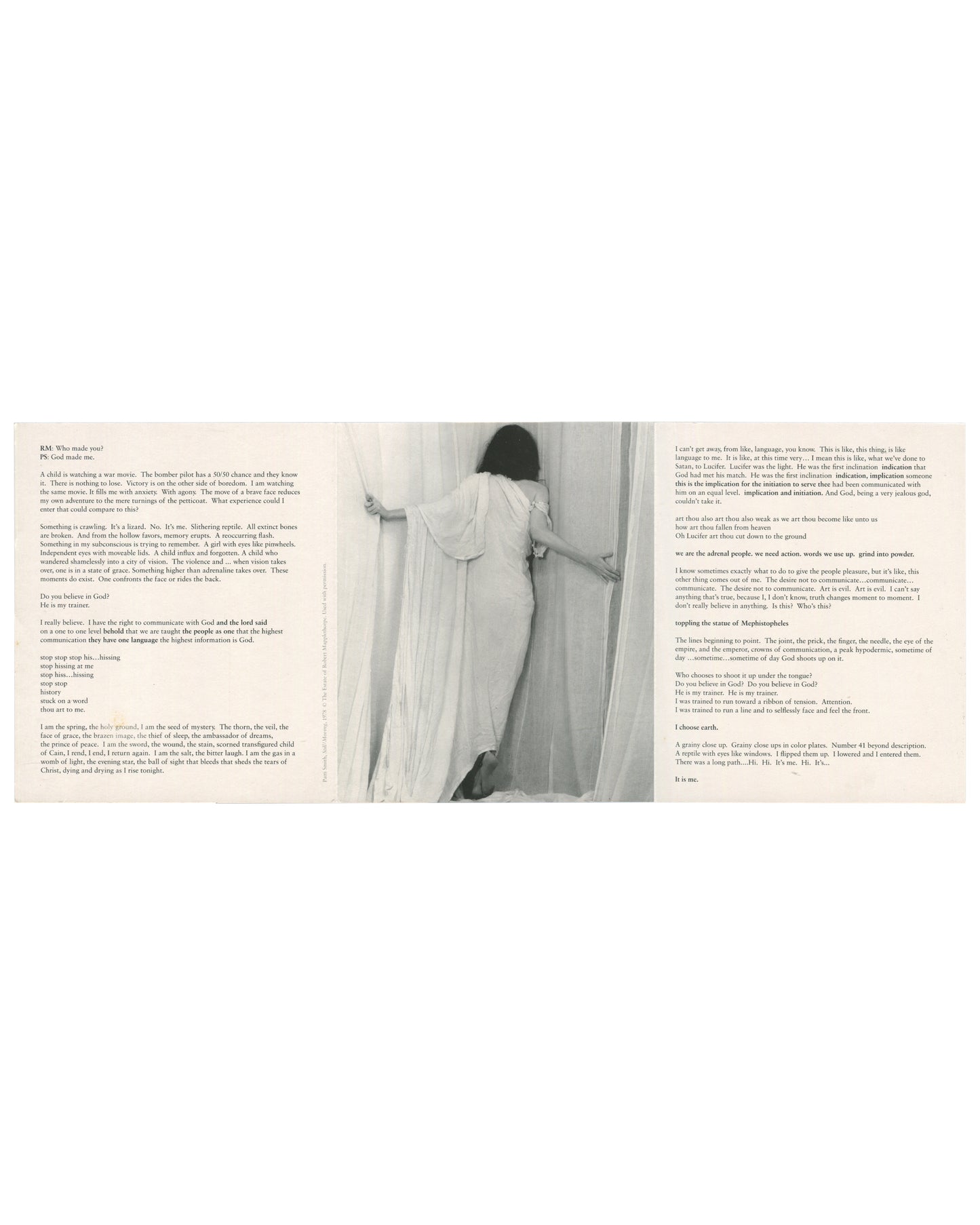 Interior spread of 2000 fig-1 exhibition invitation for Patti Smith / Robert Mapplethorpe, Still / Moving, London, fully unfolded, showing at left a column of text by Patti Smith in small serif type beginning RM: Who made you? / PS: You made me; at centre a black-and-white film still of a woman in a white dress standing with her back to the camera, her hand resting against a wall or door frame, her dark hair falling loose; and at right a second column of text continuing Smith's prose, with section headings 
