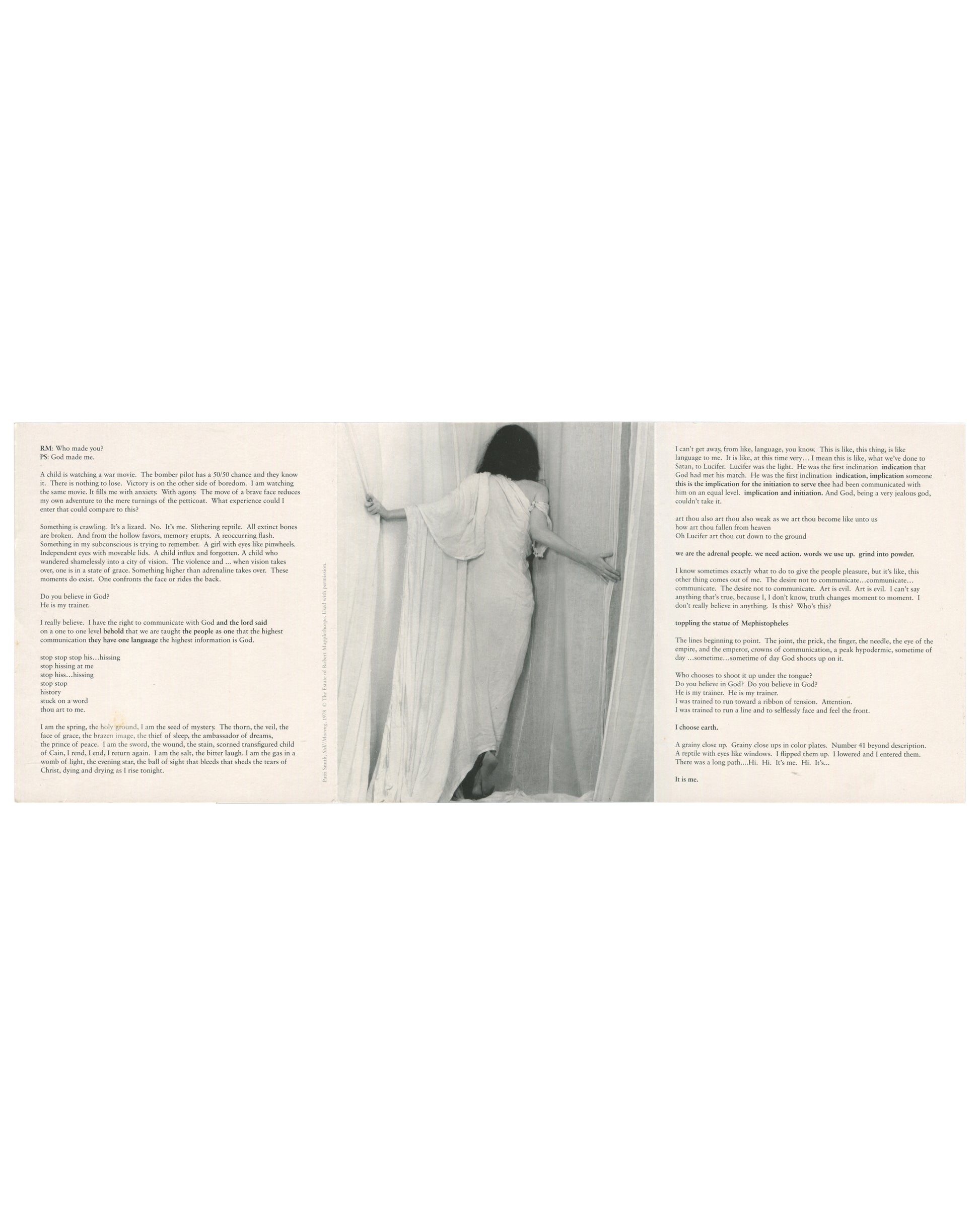 Interior spread of 2000 fig-1 exhibition invitation for Patti Smith / Robert Mapplethorpe, Still / Moving, London, fully unfolded, showing at left a column of text by Patti Smith in small serif type beginning RM: Who made you? / PS: You made me; at centre a black-and-white film still of a woman in a white dress standing with her back to the camera, her hand resting against a wall or door frame, her dark hair falling loose; and at right a second column of text continuing Smith's prose, with section headings 