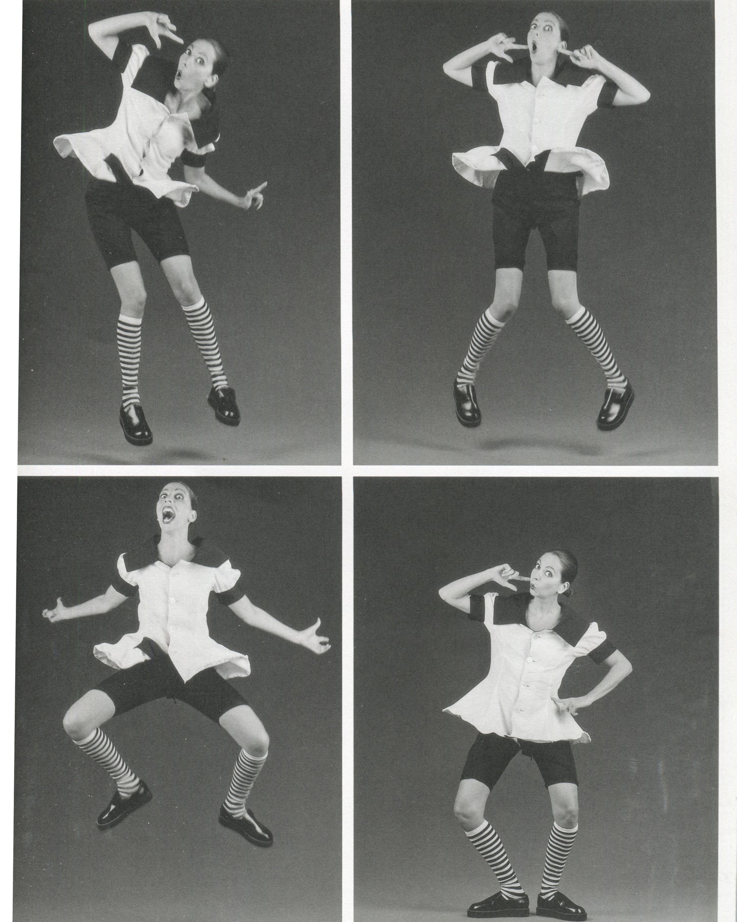 Interior page from Robert Mapplethorpe, Some Women, Bulfinch Press, 1992, showing a black-and-white composite of four sequential photographs of a female dancer in a white ruffled top, black cycling shorts, striped knee socks, and black shoes, each frame capturing a different exaggerated pose — leaning, jumping, crouching, and standing — against a grey background.
