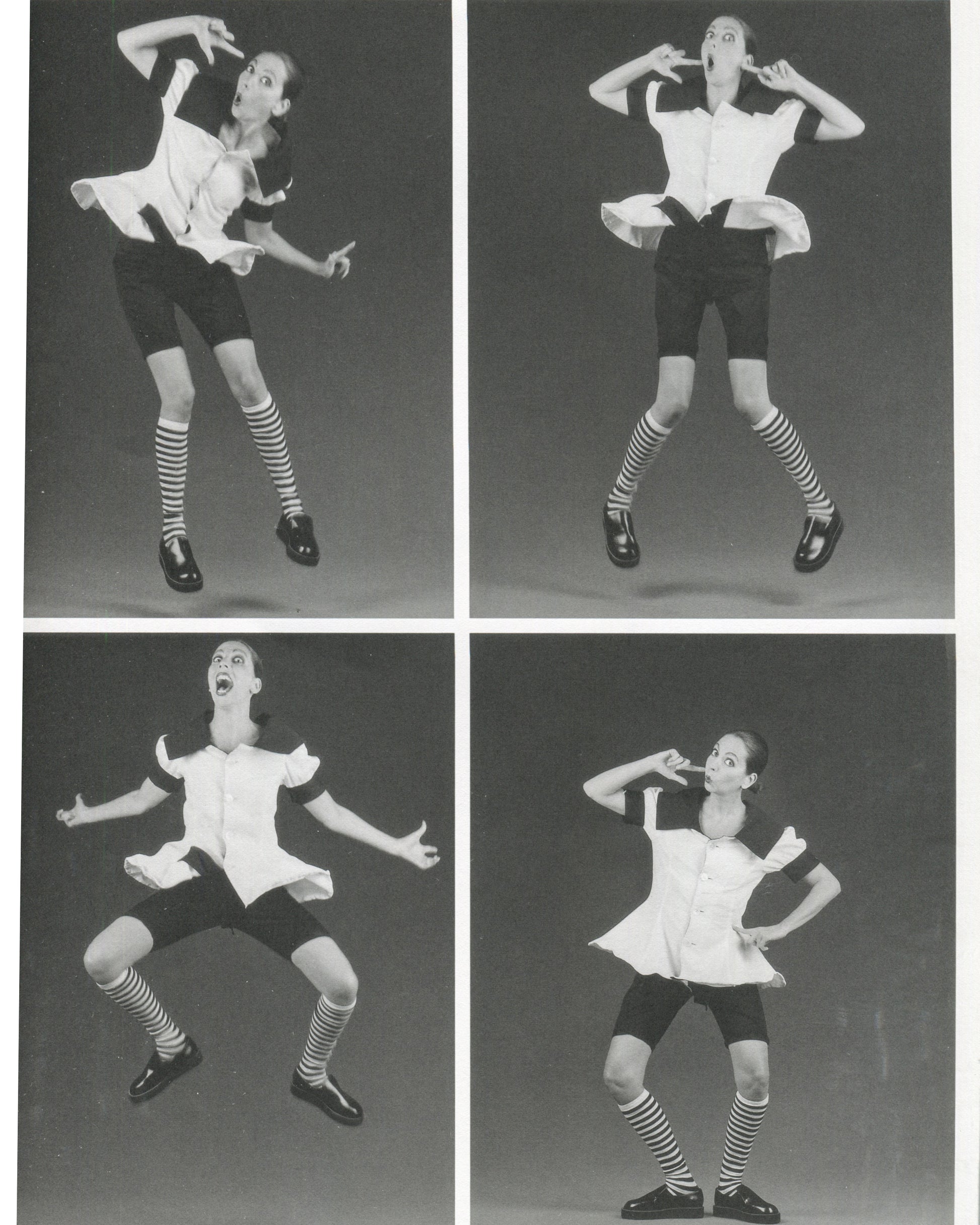Interior page from Robert Mapplethorpe, Some Women, Bulfinch Press, 1992, showing a black-and-white composite of four sequential photographs of a female dancer in a white ruffled top, black cycling shorts, striped knee socks, and black shoes, each frame capturing a different exaggerated pose — leaning, jumping, crouching, and standing — against a grey background.