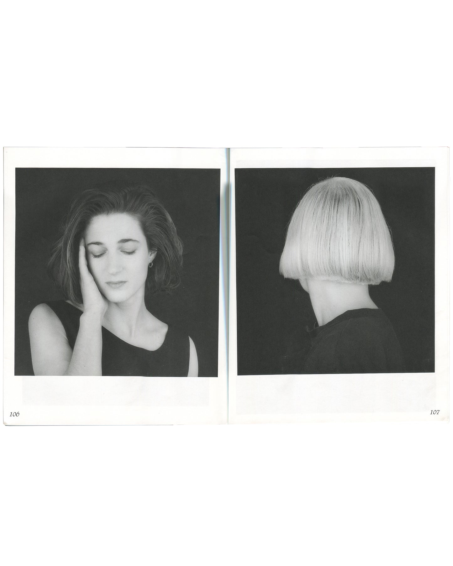 Interior spread from Robert Mapplethorpe, Some Women, Bulfinch Press, 1992, pages 106–107, showing two black-and-white portraits: left page showing a woman with dark shoulder-length hair, eyes closed, hand raised to her cheek, in a sleeveless black top; right page showing the back of a woman's head with a precise platinum blonde bob cut, both against dark backgrounds.