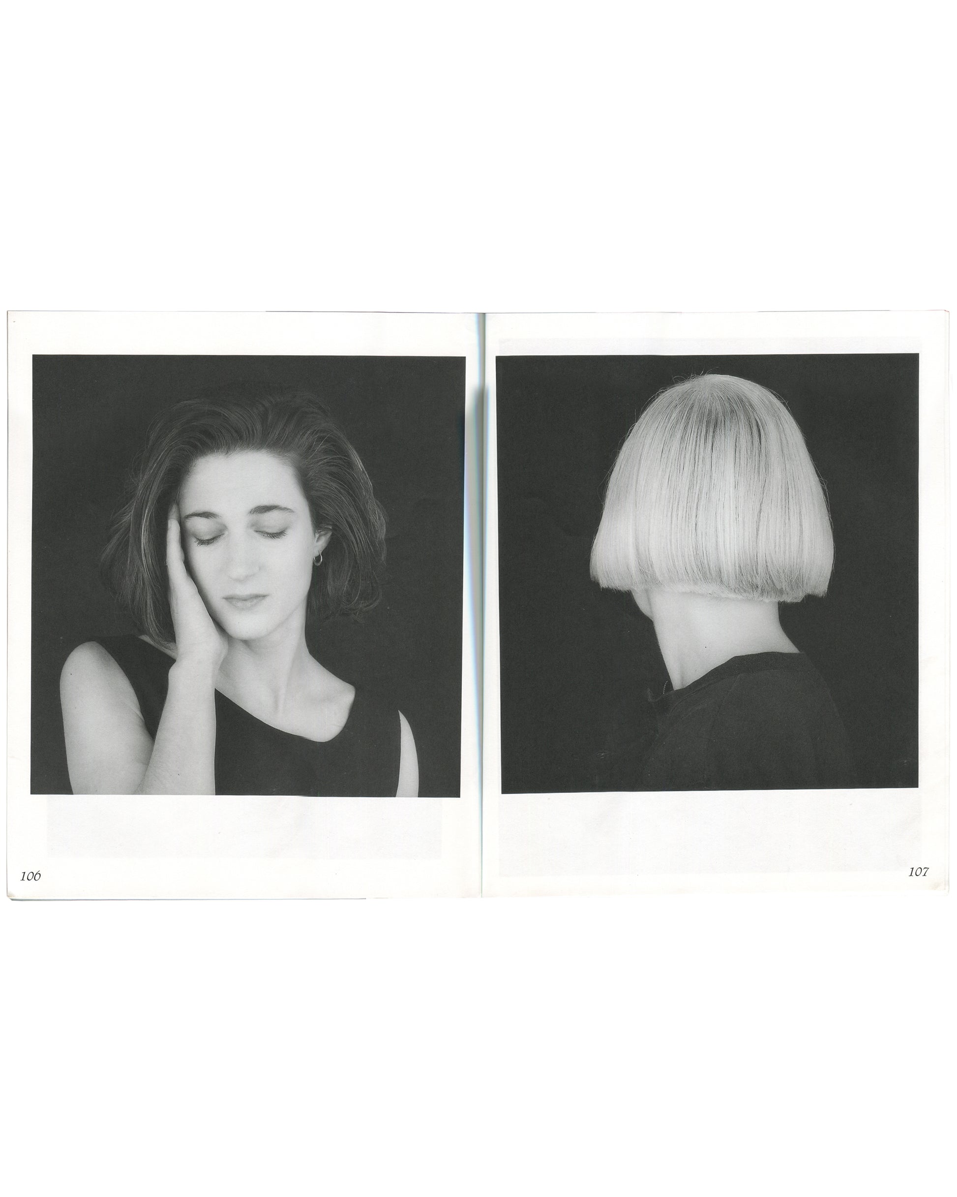 Interior spread from Robert Mapplethorpe, Some Women, Bulfinch Press, 1992, pages 106–107, showing two black-and-white portraits: left page showing a woman with dark shoulder-length hair, eyes closed, hand raised to her cheek, in a sleeveless black top; right page showing the back of a woman's head with a precise platinum blonde bob cut, both against dark backgrounds.