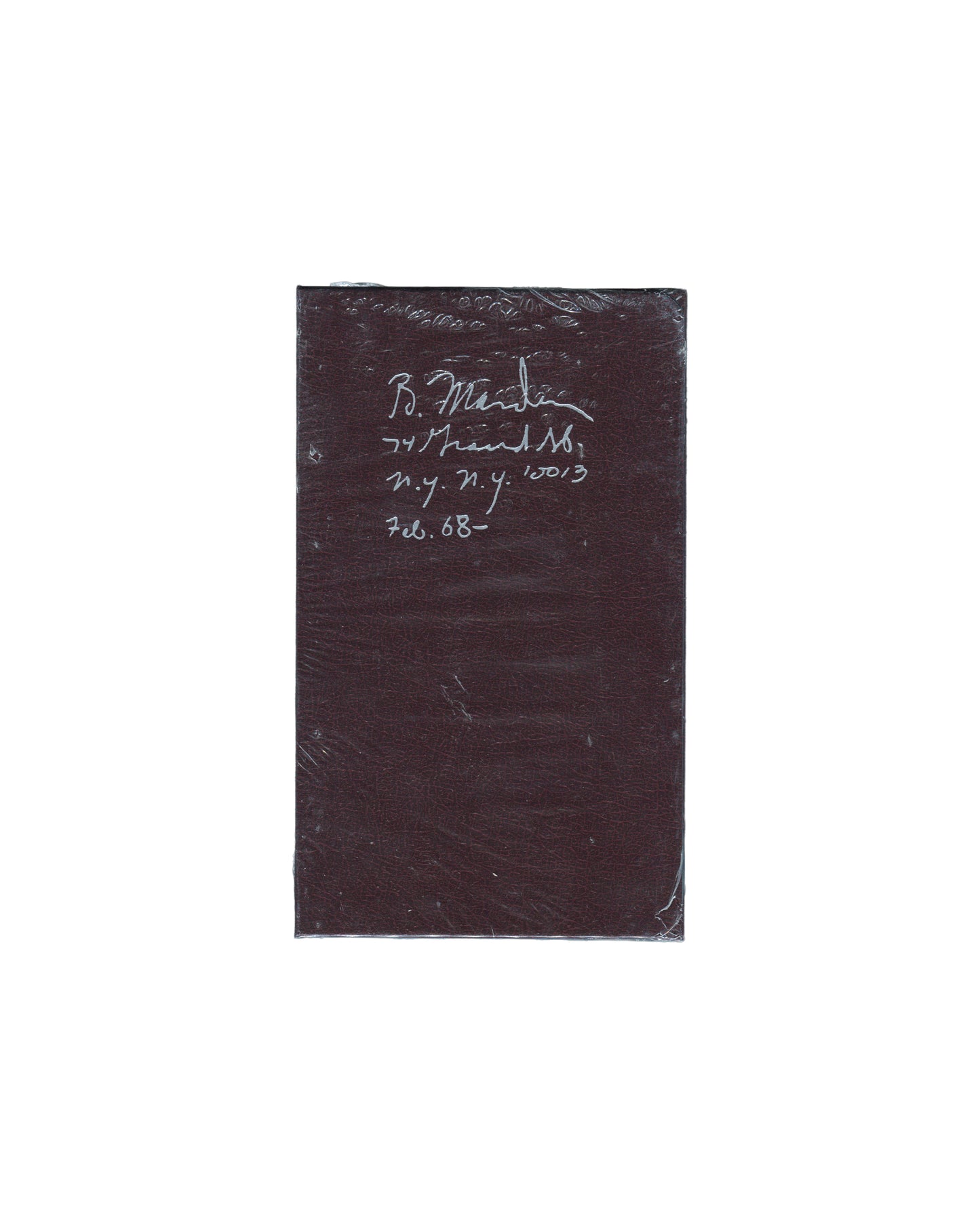 Brice Marden, Notebook Feb 1968, Karma 2015, front in shrinkwrap, burgundy leatherette, handwritten address and date 