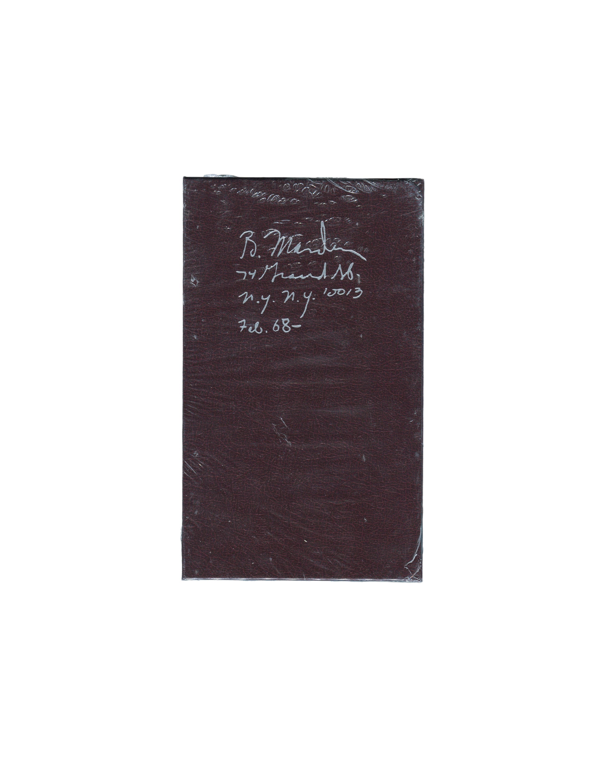 Brice Marden, Notebook Feb 1968, Karma 2015, front in shrinkwrap, burgundy leatherette, handwritten address and date 