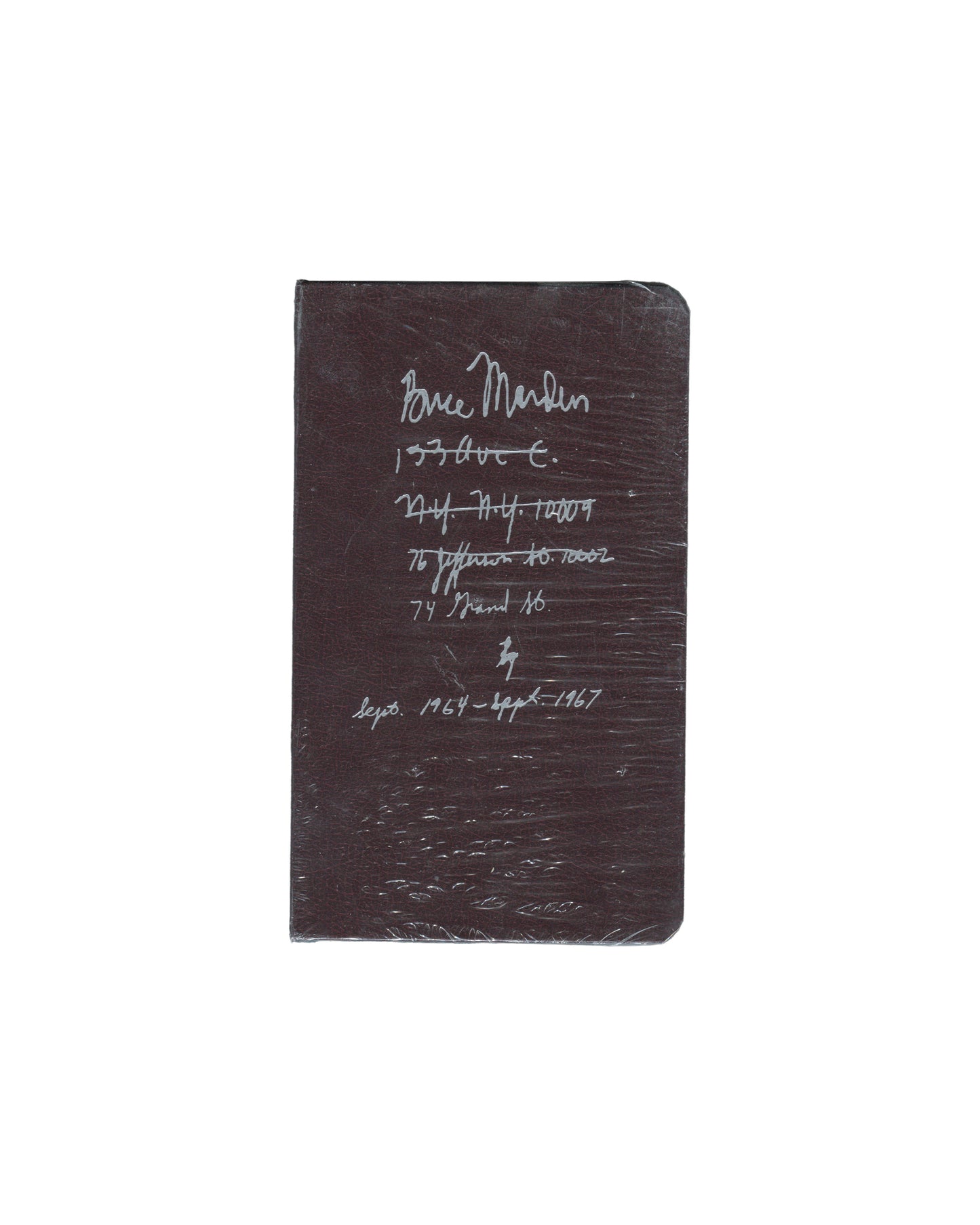 Brice Marden, Notebook Sept 1964–Sept 1967, Karma 2015, front in shrinkwrap, burgundy leatherette, handwritten title