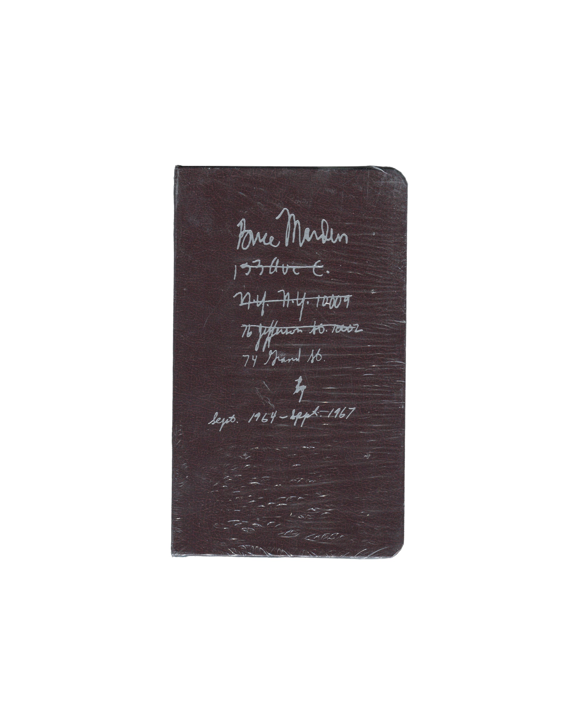 Brice Marden, Notebook Sept 1964–Sept 1967, Karma 2015, front in shrinkwrap, burgundy leatherette, handwritten title