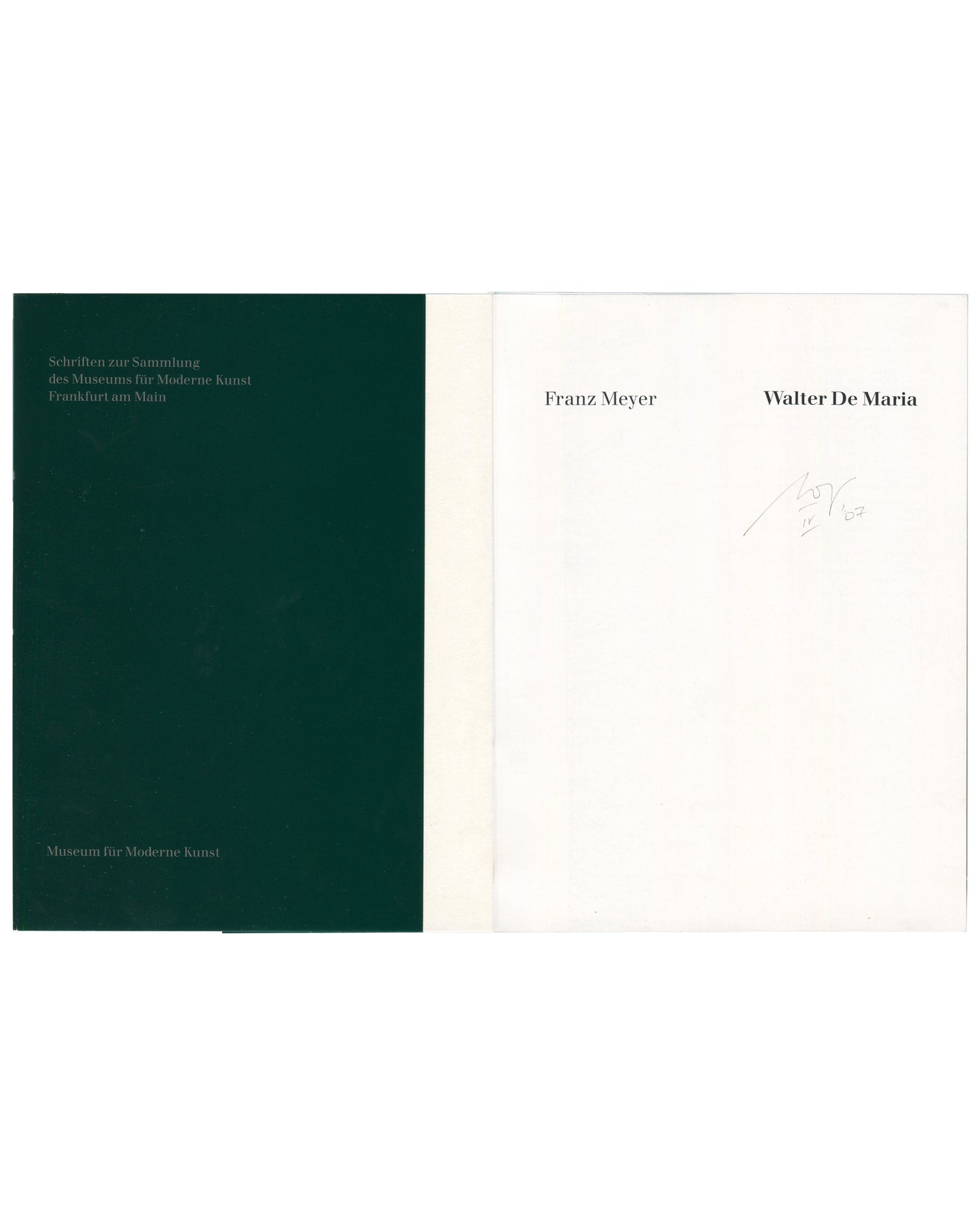 Walter De Maria, MMK Frankfurt 1991, green inner wrapper with series title left, title page with pencil inscription right 