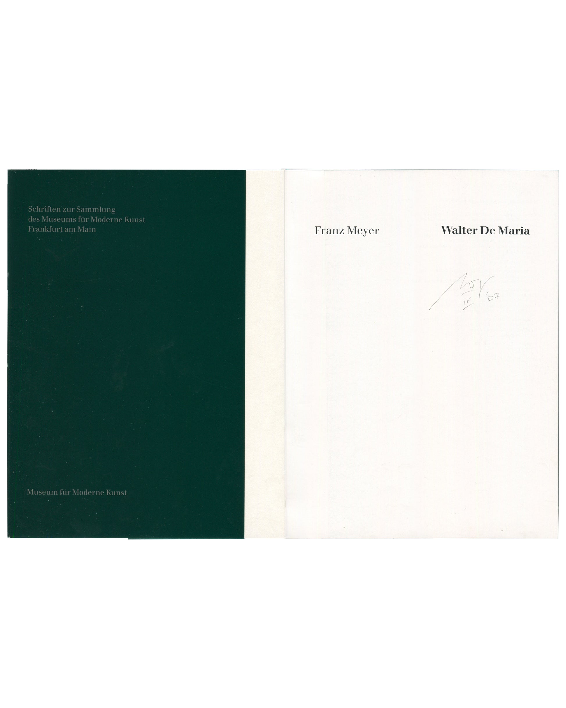 Walter De Maria, MMK Frankfurt 1991, green inner wrapper with series title left, title page with pencil inscription right 