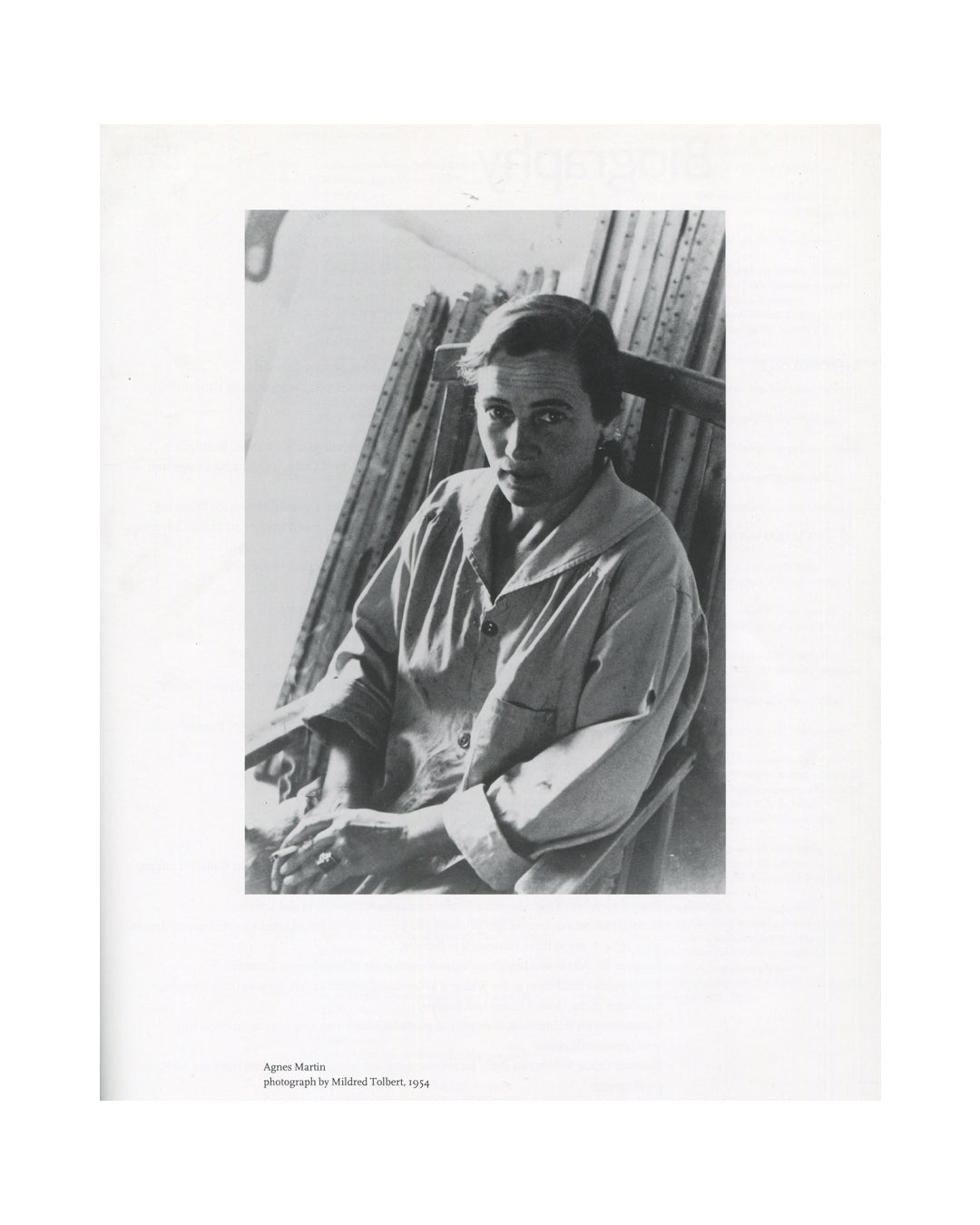 Agnes Martin, photograph by Mildred Tolbert, 1954, interior page, black-and-white portrait, artist seated 