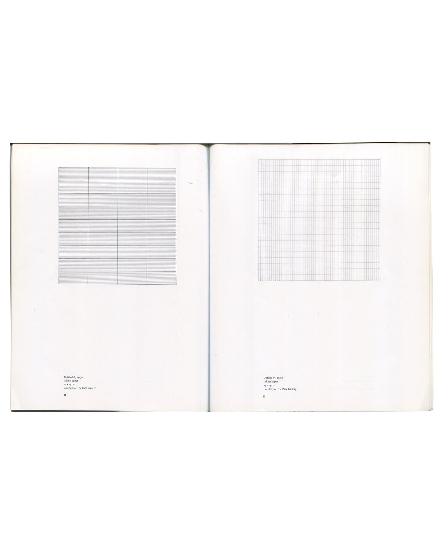 Agnes Martin, interior spread, Untitled #3 1990 and Untitled #4 1990, ink on paper, grid drawings, Pace Gallery 