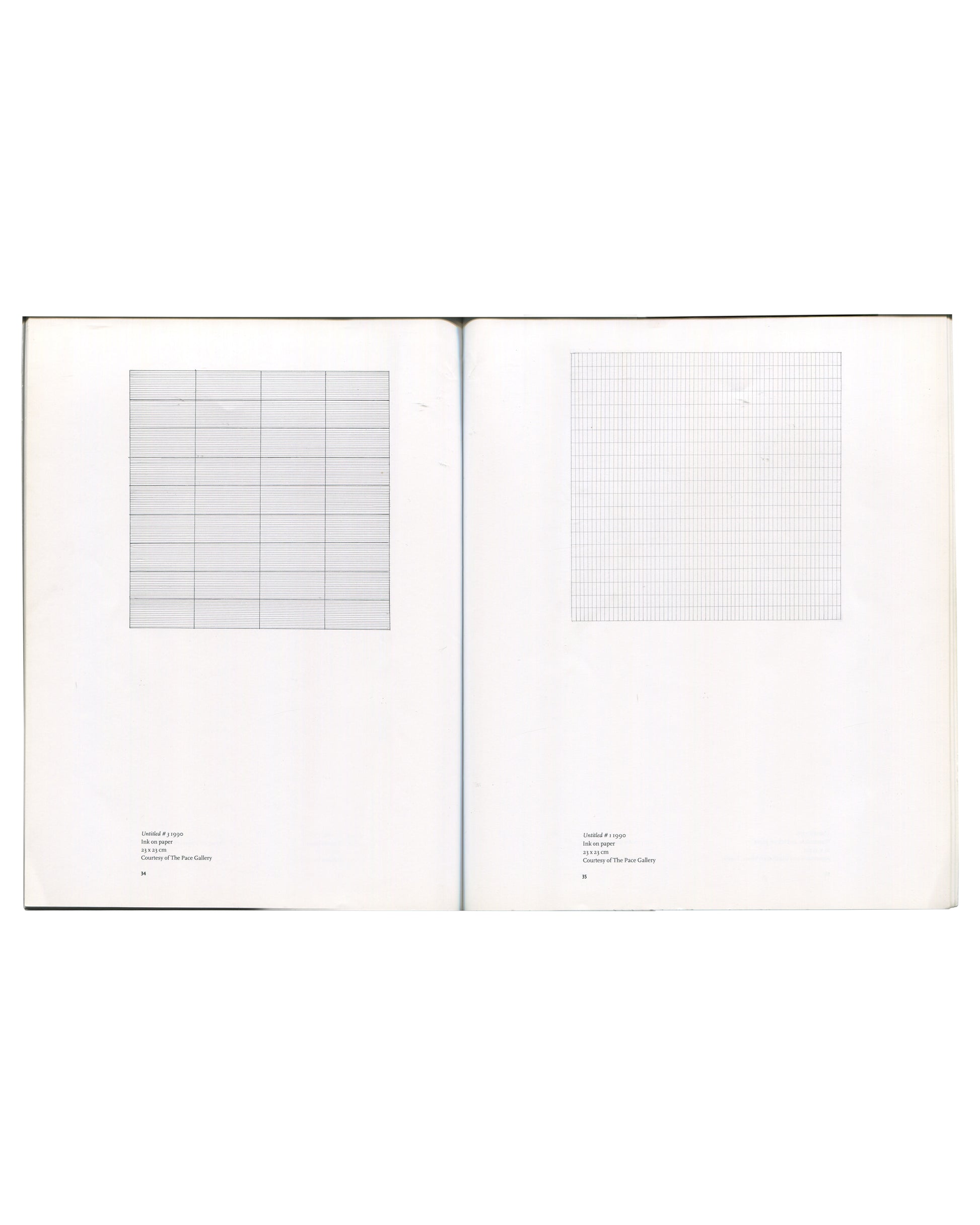 Agnes Martin, interior spread, Untitled #3 1990 and Untitled #4 1990, ink on paper, grid drawings, Pace Gallery 