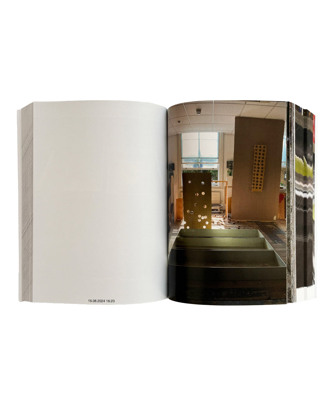 Matthew Peers – Wishing Wells, open spread showing blank left page with timestamp "16.08.2024 16:23" and full-bleed photograph of sculptural installation in studio interior on right page