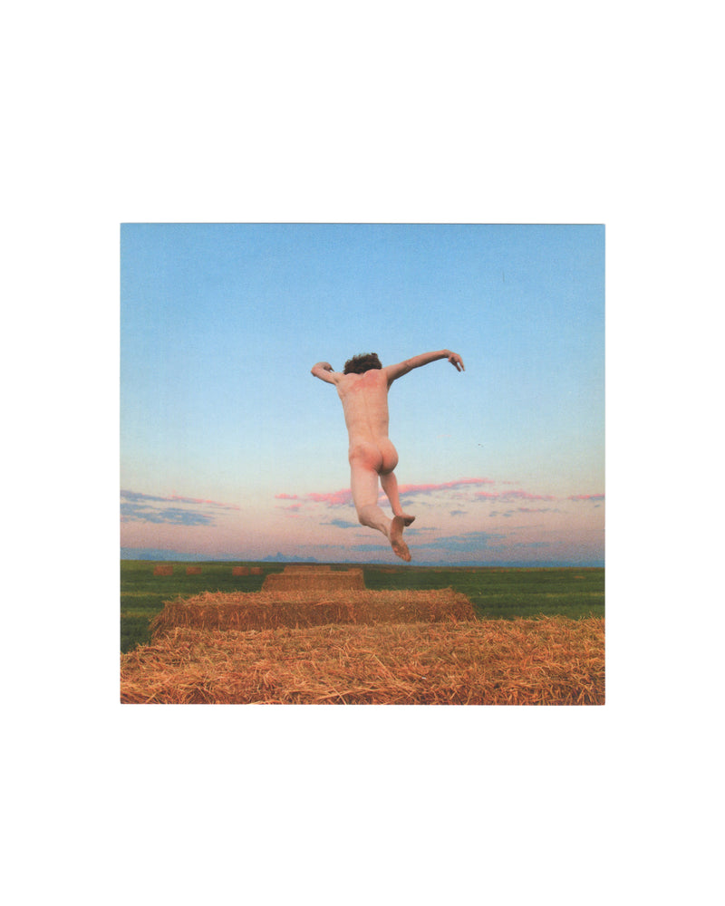 Ryan McGinley, Vertical Color of Sound, exhibition invitation front. Galerie Perrotin, Hong Kong, 2014. Square colour photograph: a nude figure leaps from a hay bale into a pale blue dusk sky, arms outstretched, back to camera. Open field and flat horizon behind. Image: Hay Hop, 2014.