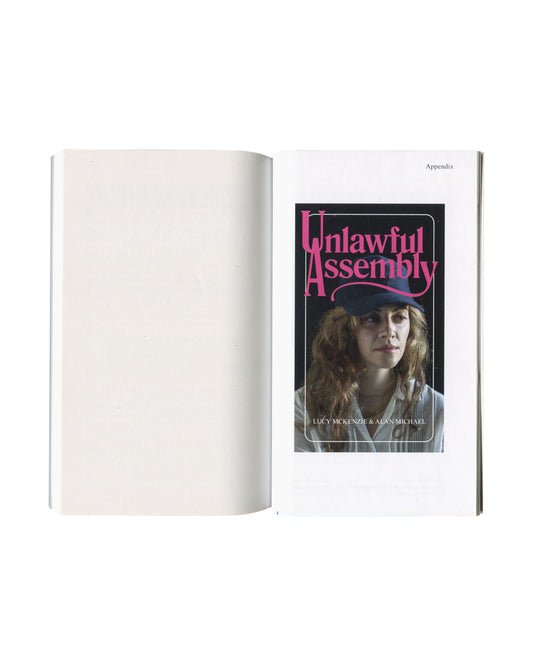 Lucy McKenzie & Alan Michael, Unlawful Assembly, 2013, appendix spread, alternate cover with pink ornate lettering