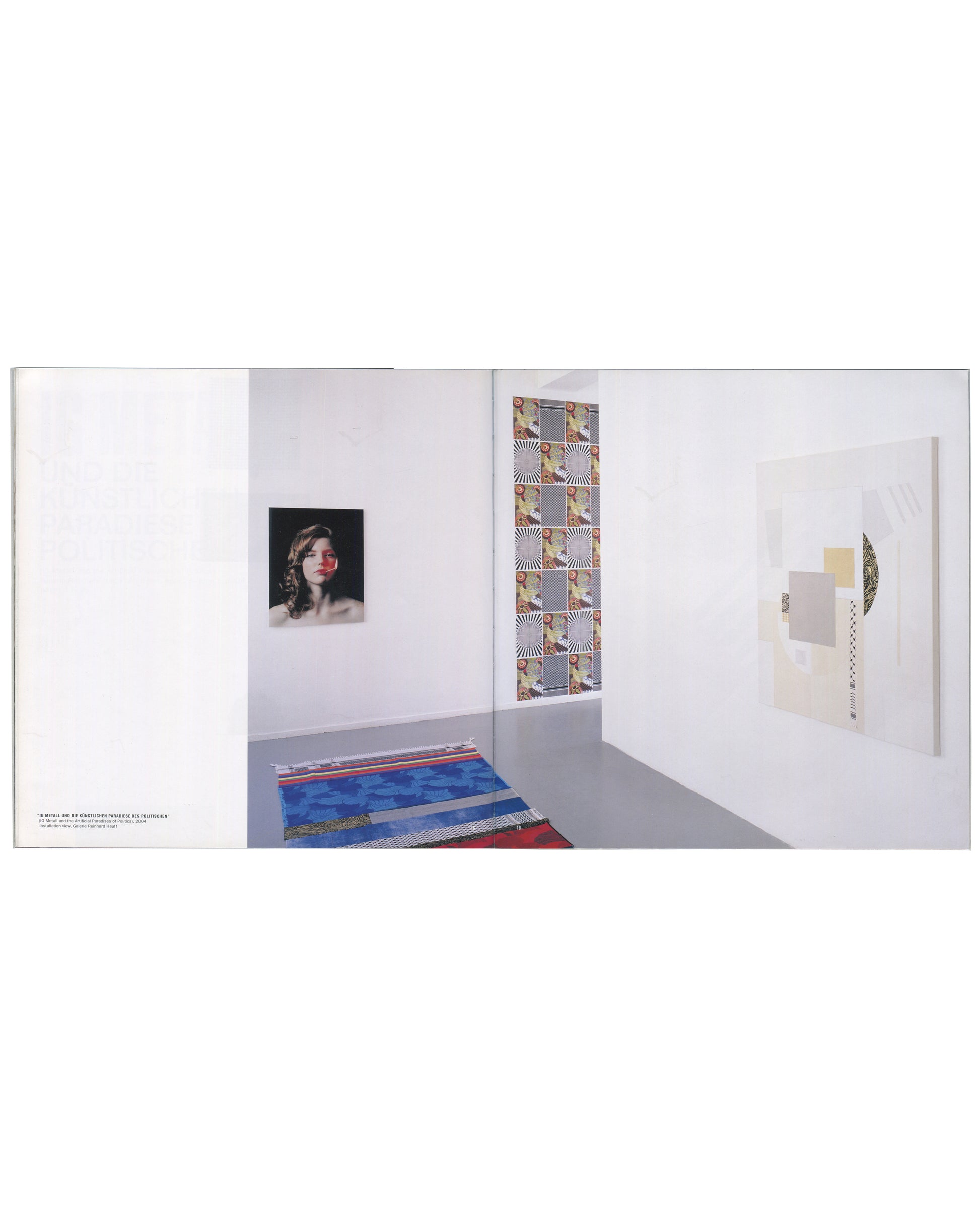 Josephine Meckseper, Catalogue No. 1, Lukas & Sternberg 2004, installation view, portrait, patterned wallwork and mixed media 
