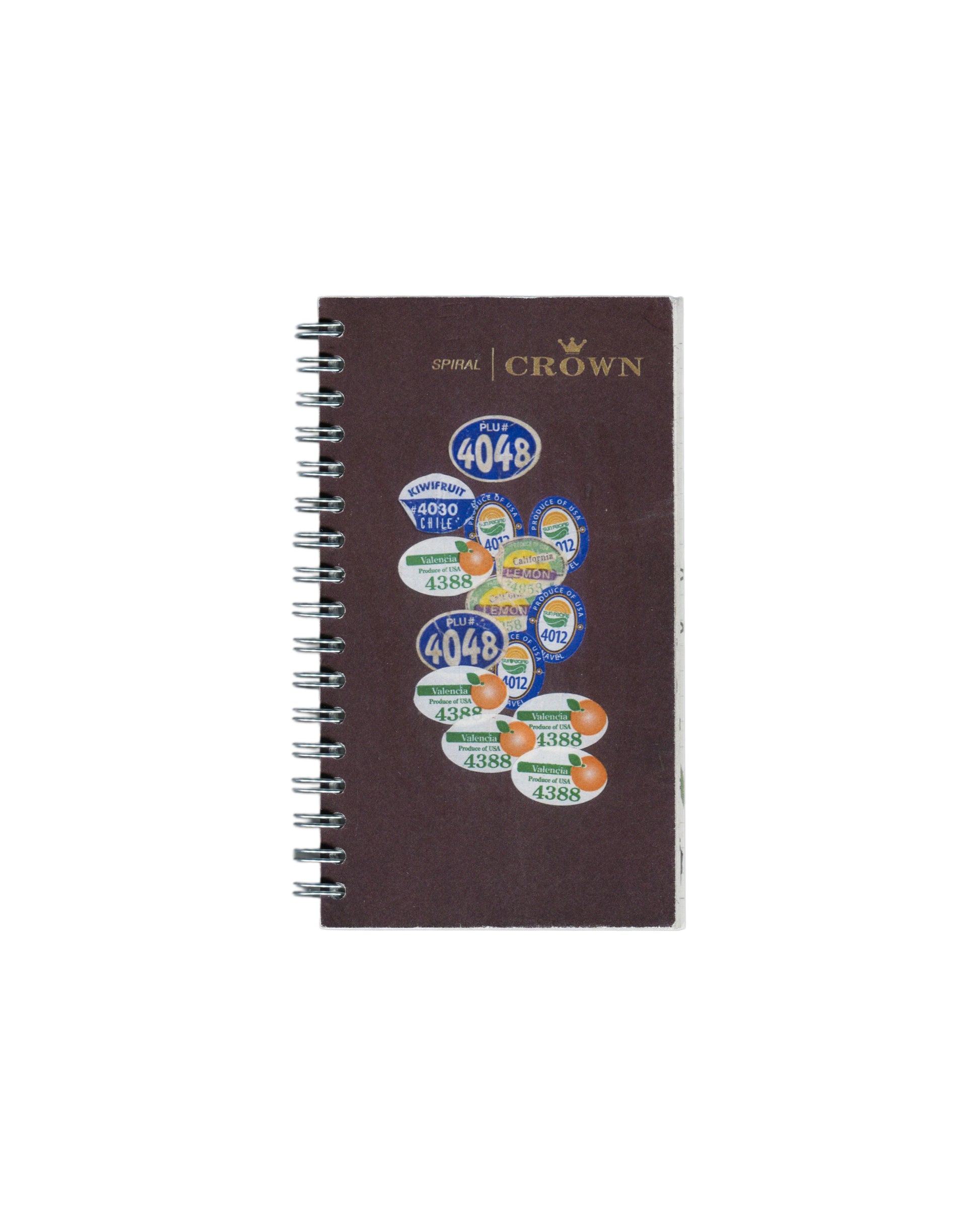 Facsimile artist sketchbook, Rafael Melendez, Peel You: A 2006 Facsimile Sketchbook, The Academy of Realness, 2021. Edition of 2. 8 × 15.5 cm, 102 pages, spiral-bound. Dark brown Crown Spiral notebook cover reproduced with produce stickers applied: PLU# 4048 (×2), Kiwifruit 4030 Chile, Valencia 4388 (×4), Lemon 4012 (×2), and further overlapping fruit PLU labels in blue, green, and orange. Silver spiral binding left edge.