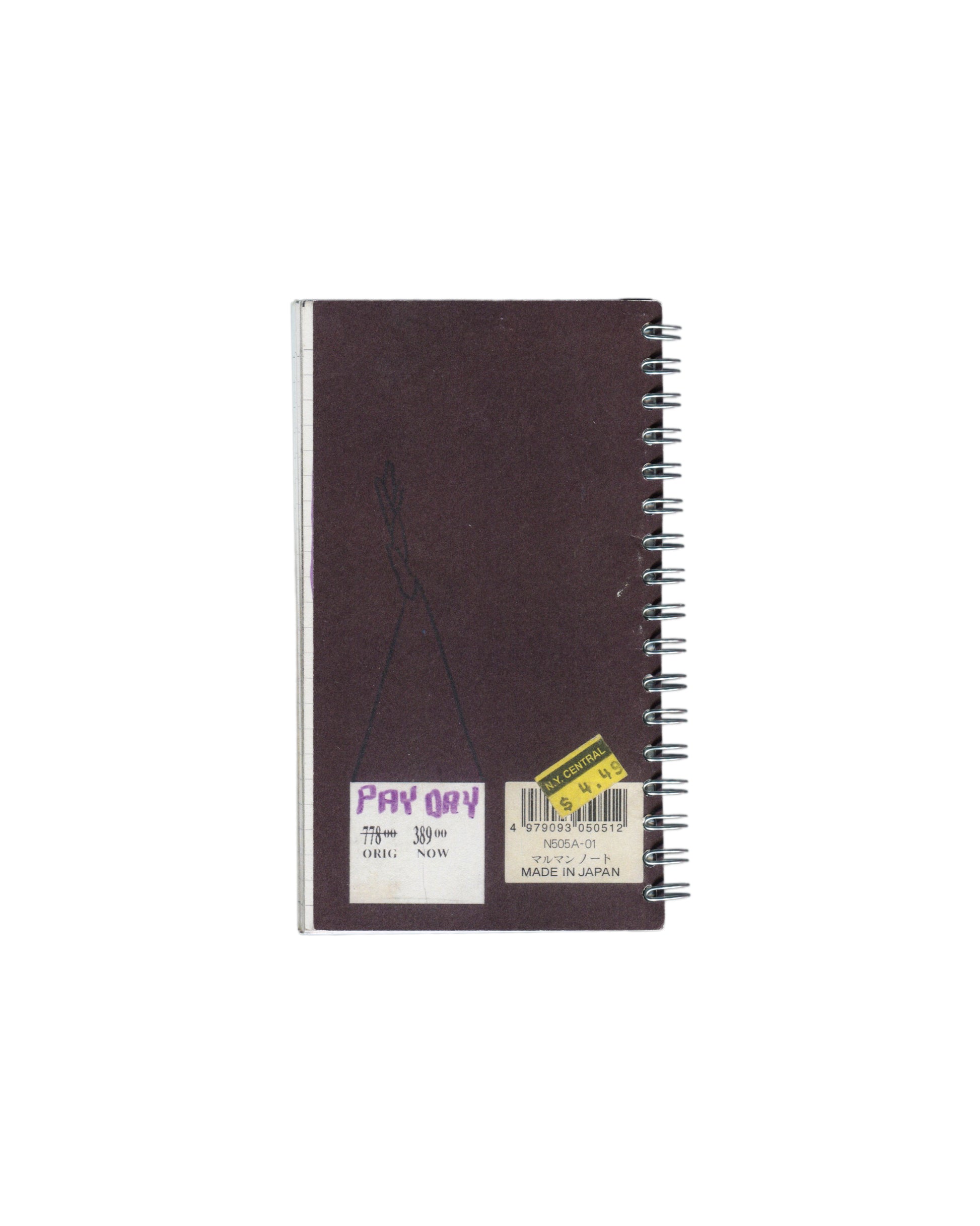 Back cover, Rafael Melendez, Peel You: A 2006 Facsimile Sketchbook, The Academy of Realness, 2021. Dark brown Crown Spiral notebook cover reproduced. Two retail labels lower right: handwritten purple marker label 'PAY DAY / 776⁰⁰ ORIG / 389⁰⁰ NOW'; yellow N.Y. Central price sticker '$4.45'; barcode sticker '4 979093 050512 / N505A-01 / MADE IN JAPAN'. Scuff marks and handling traces visible as reproduced from source notebook.