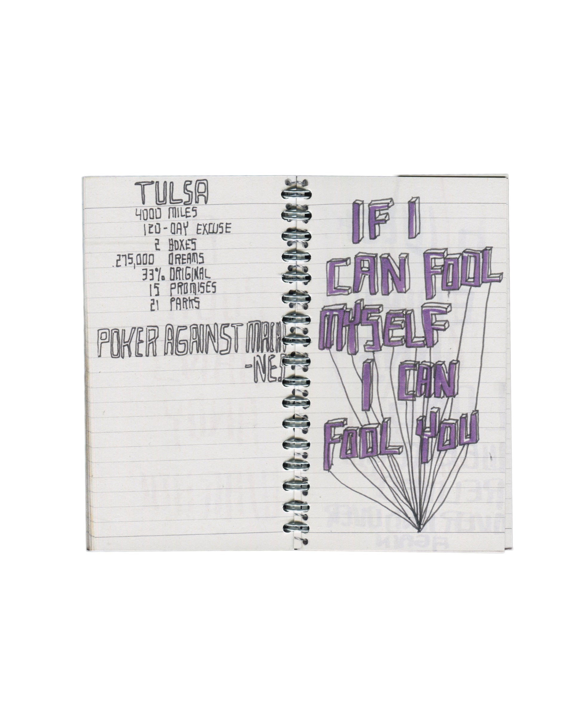 Interior spread, Rafael Melendez, Peel You: A 2006 Facsimile Sketchbook, The Academy of Realness, 2021. Lined notebook pages. Left: handwritten text in pencil — 'TULSA / 4000 MILES / 120-DAY EXCUSE / 2 BOXES / 275,000 DREAMS / 33% ORIGINAL / 15 PROMISES / 21 PARKS'; below: 'POKER AGAINST MA[CHINE]'. Right: large graphic lettering in purple marker — 'IF I CAN FOOL MYSELF I CAN FOOL YOU'; letters drawn with balloon-like volume, lines extending downward from base.