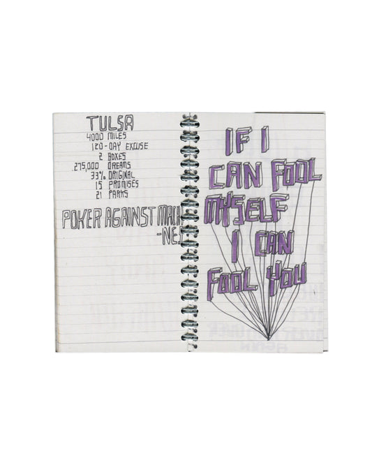 Interior spread, Rafael Melendez, Peel You: A 2006 Facsimile Sketchbook, The Academy of Realness, 2021. Lined notebook pages. Left: handwritten text in pencil — 'TULSA / 4000 MILES / 120-DAY EXCUSE / 2 BOXES / 275,000 DREAMS / 33% ORIGINAL / 15 PROMISES / 21 PARKS'; below: 'POKER AGAINST MA[CHINE]'. Right: large graphic lettering in purple marker — 'IF I CAN FOOL MYSELF I CAN FOOL YOU'; letters drawn with balloon-like volume, lines extending downward from base.
